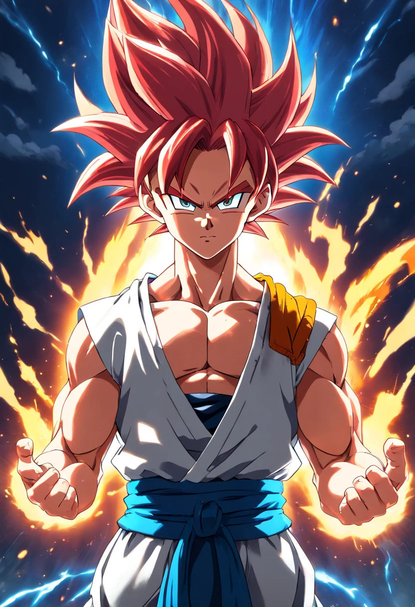 Gogeta Super Saiyan, red hair, Transformation Arms Crossed, battlefield, 8k uhd, gold