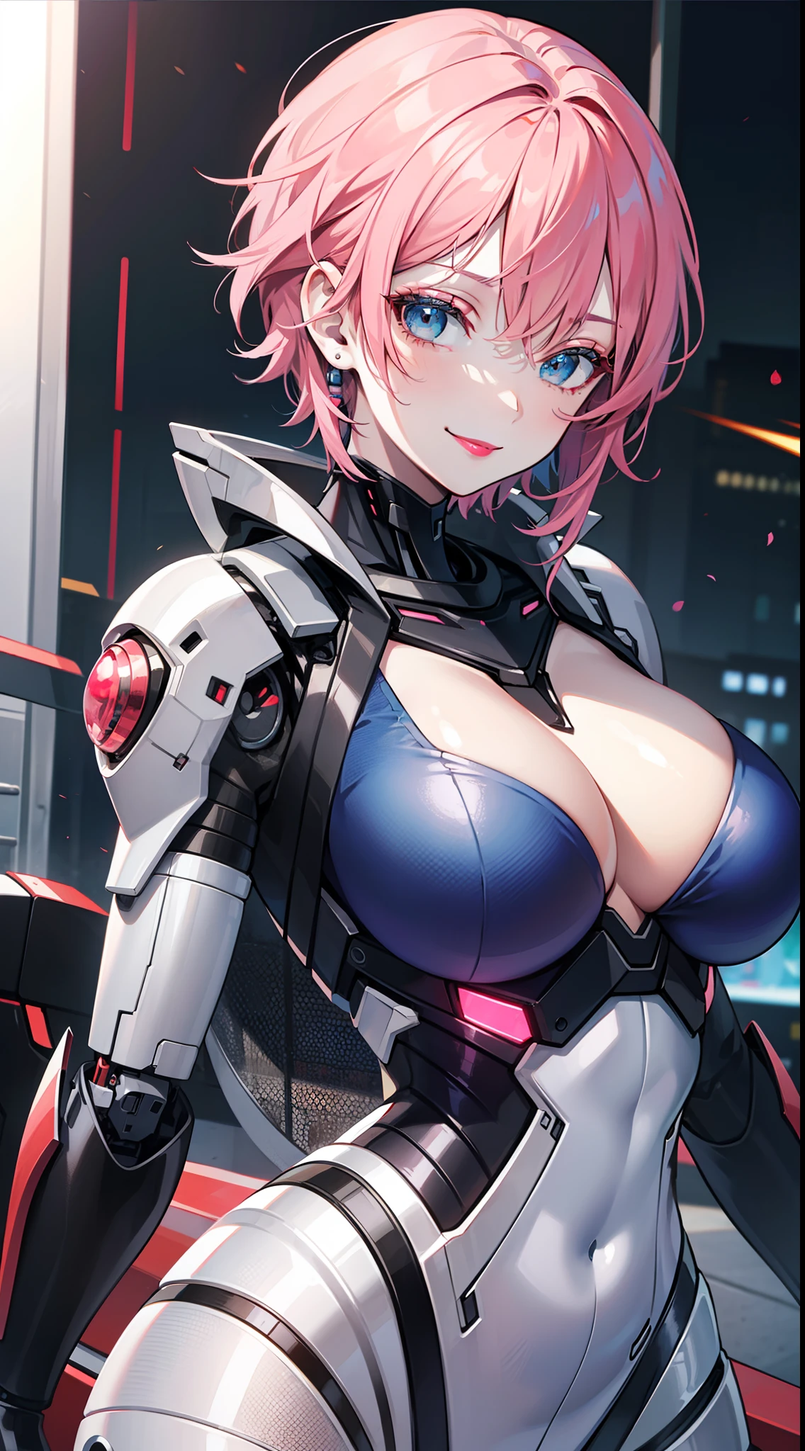 Grown-up girl, short pink hair, blue eyes, large breasts, red lipstick, smirk, Grey Plug Suit, Cyborg, Masterpiece, hiquality, 4k, HD, Good detail