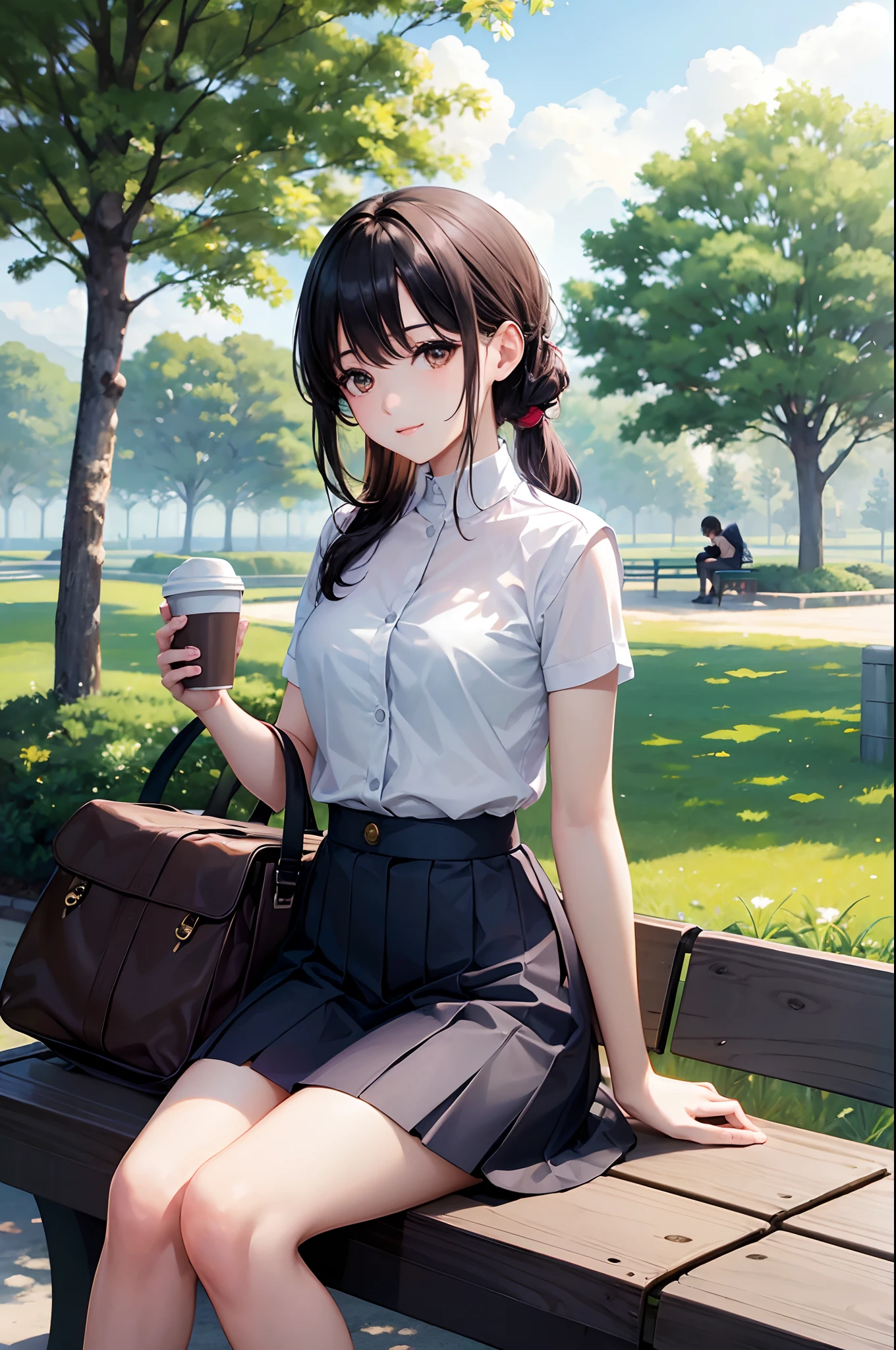 top-quality、Girl in the park、Sitting on a bench and holding a paper cup in his hand、In nature