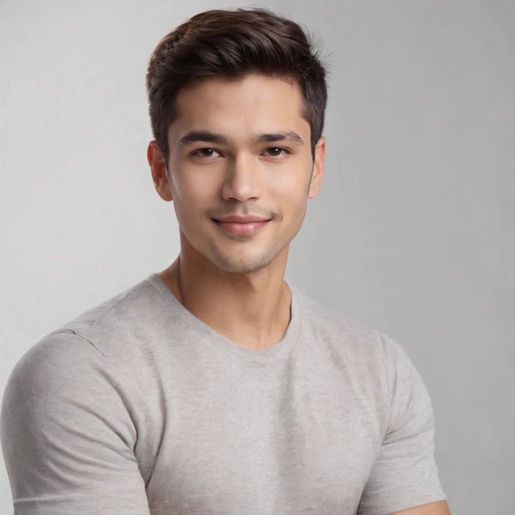 (photo: 1.3) af (realism: 1.3), (Hispanic), Latino man profile picture, frontal close-up, soft light, clear face, happy, cheerful, warm light, white t-shirt, (off-white Background), (grey and white background)), ((grey wall background)) avatar, (long or short hair), smile, handsome, young,, short hair, smile, (close-up)