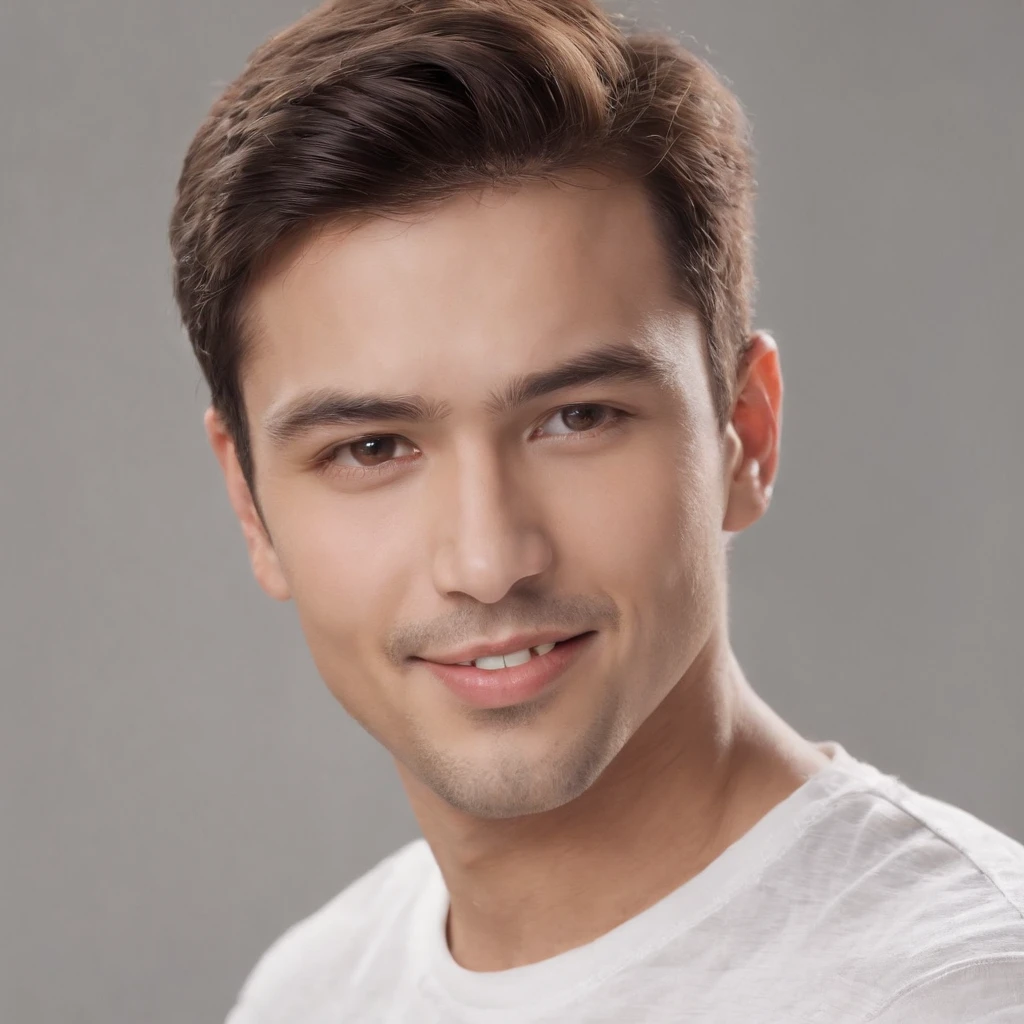 (photo: 1.3) af (realism: 1.3), (Hispanic), Latino man profile picture, frontal close-up, soft light, clear face, happy, cheerful, warm light, white t-shirt, (off-white Background), (grey and white background)), ((grey wall background)) avatar, (long or short hair), smile, handsome, young,, short hair, smile, (close-up)