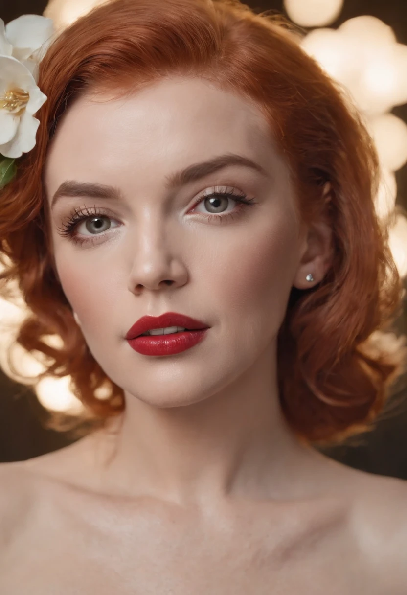 a close up of a Marilyn Monroe with a necklace , hands over the head, flowers in hair, low key photo, rim light, side light, dramatic lighting, cinematic lighting, totally naked, showing medium breast, detailed charming face, detailed every things, modeling photography, glamour photography,20 yo girl, modeling shoot, 4 k glamour photography, jaw-dropping beauty, gorgeous and beautiful, portrait color glamour, red haired goddess, photo of a beautiful woman, professional model photography, Masterpiece, hyper realistic, detailed face.