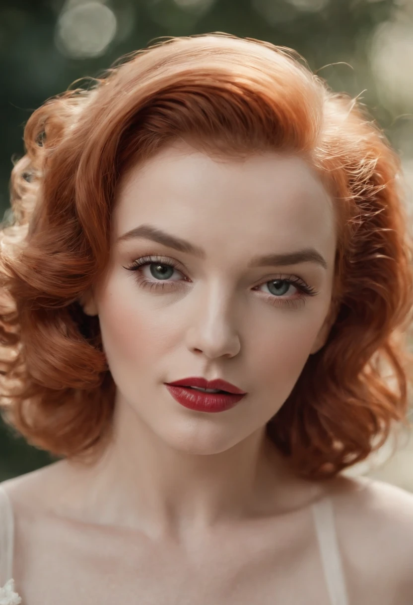 a close up of a Marilyn Monroe with a necklace , hands over the head, flowers in hair, low key photo, rim light, side light, dramatic lighting, cinematic lighting, totally naked, showing medium breast, detailed charming face, detailed every things, modeling photography, glamour photography,20 yo girl, modeling shoot, 4 k glamour photography, jaw-dropping beauty, gorgeous and beautiful, portrait color glamour, red haired goddess, photo of a beautiful woman, professional model photography, Masterpiece, hyper realistic, detailed face.