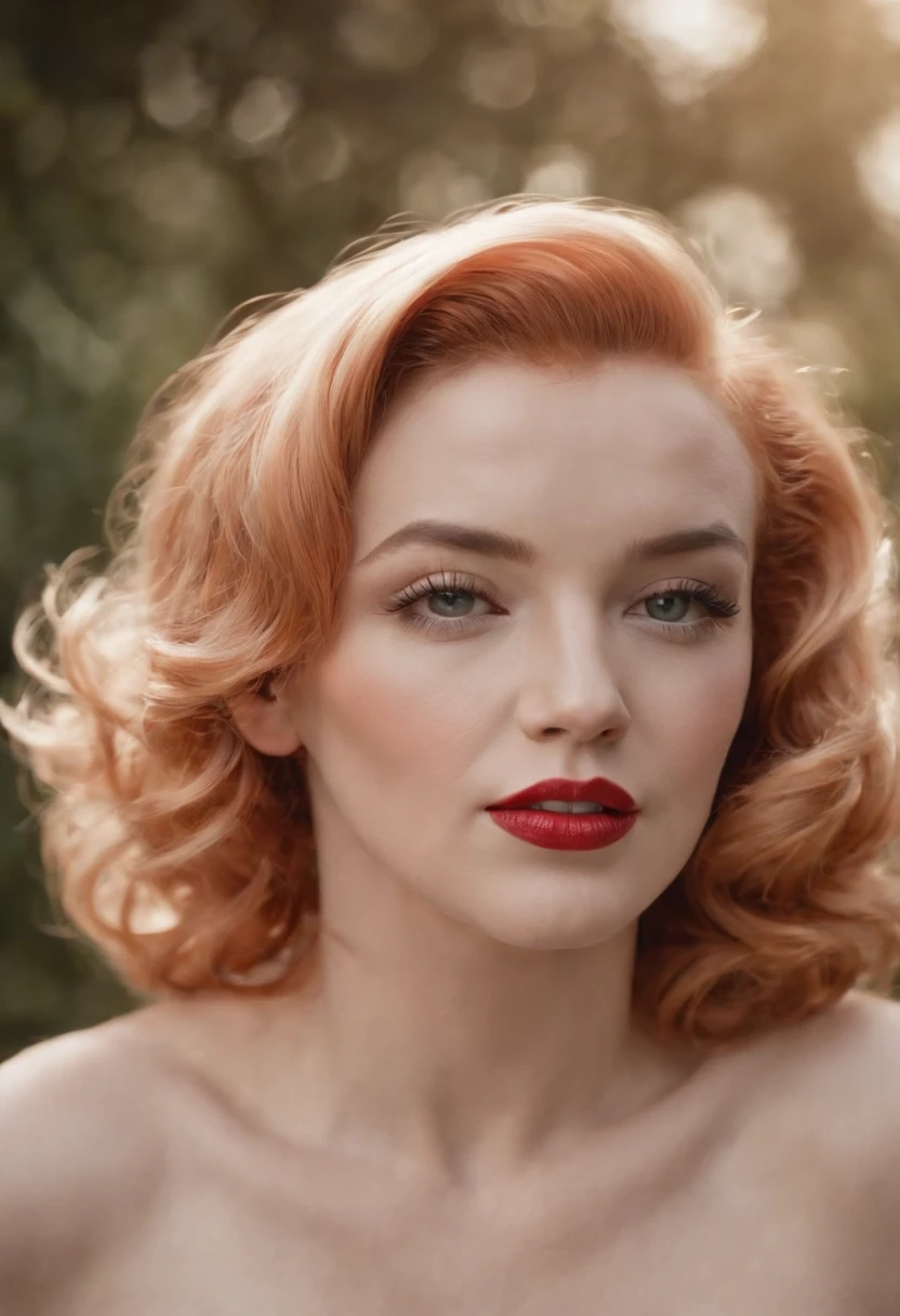 a close up of a Marilyn Monroe with a necklace , hands over the head, flowers in hair, low key photo, rim light, side light, dramatic lighting, cinematic lighting, totally naked, showing medium breast, detailed charming face, detailed every things, modeling photography, glamour photography,20 yo girl, modeling shoot, 4 k glamour photography, jaw-dropping beauty, gorgeous and beautiful, portrait color glamour, red haired goddess, photo of a beautiful woman, professional model photography, Masterpiece, hyper realistic, detailed face.