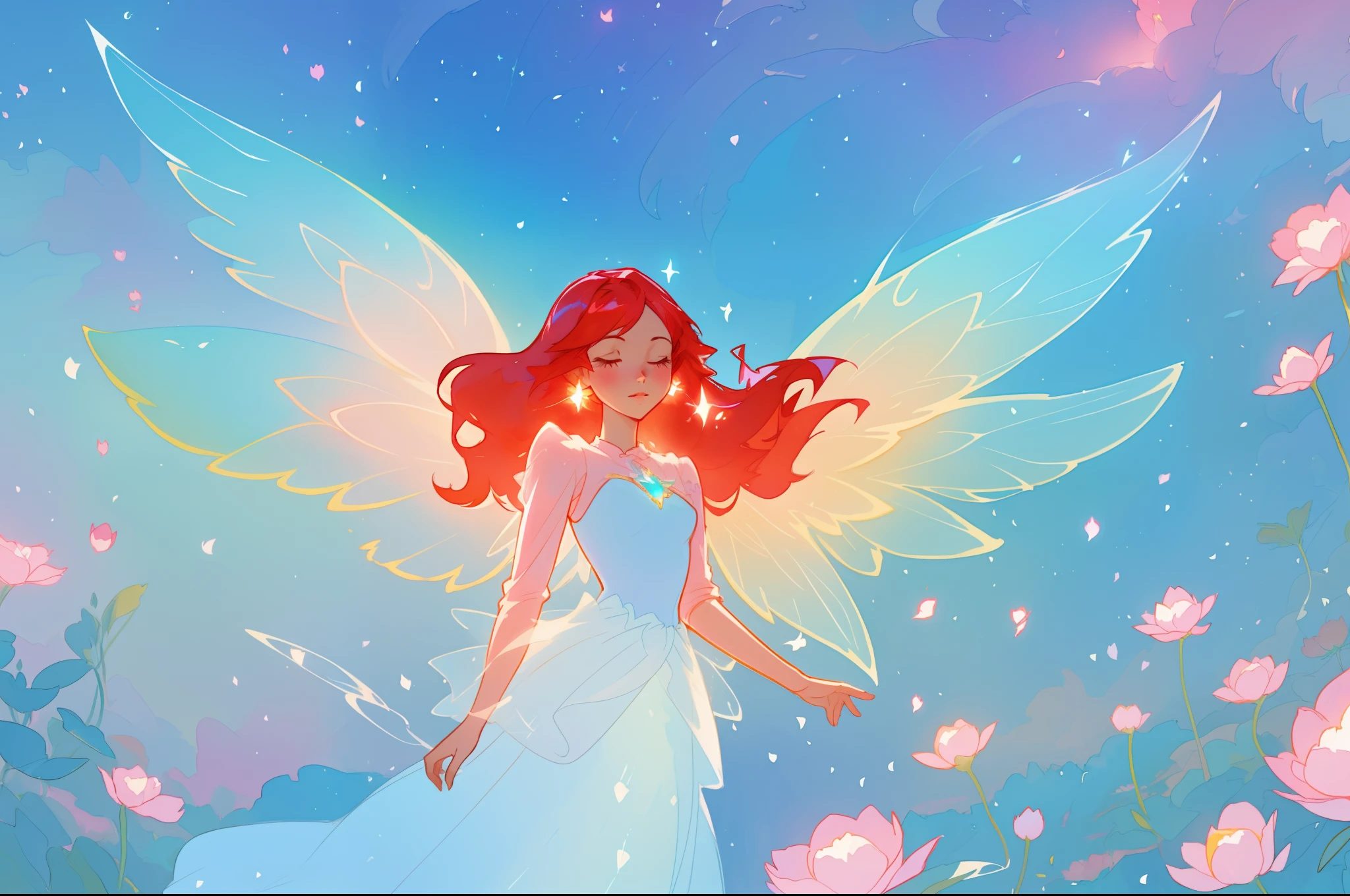 beautiful girl in flowing layered puff long sleeve ballgown, (large fairy wings), glowing flowing ballgown, glowing red hair, sparkling fairy wings, watercolor illustration, flowers and colorful plants, inspired by Glen Keane, inspired by Lois van Baarle, disney art style, by Lois van Baarle, glowing aura around her, by Glen Keane, jen bartel, glowing lights! digital painting, flowing glowing hair, glowing flowing hair, beautiful digital illustration, fantasia otherworldly landscape plants flowers, beautiful, masterpiece, best quality, anime disney style