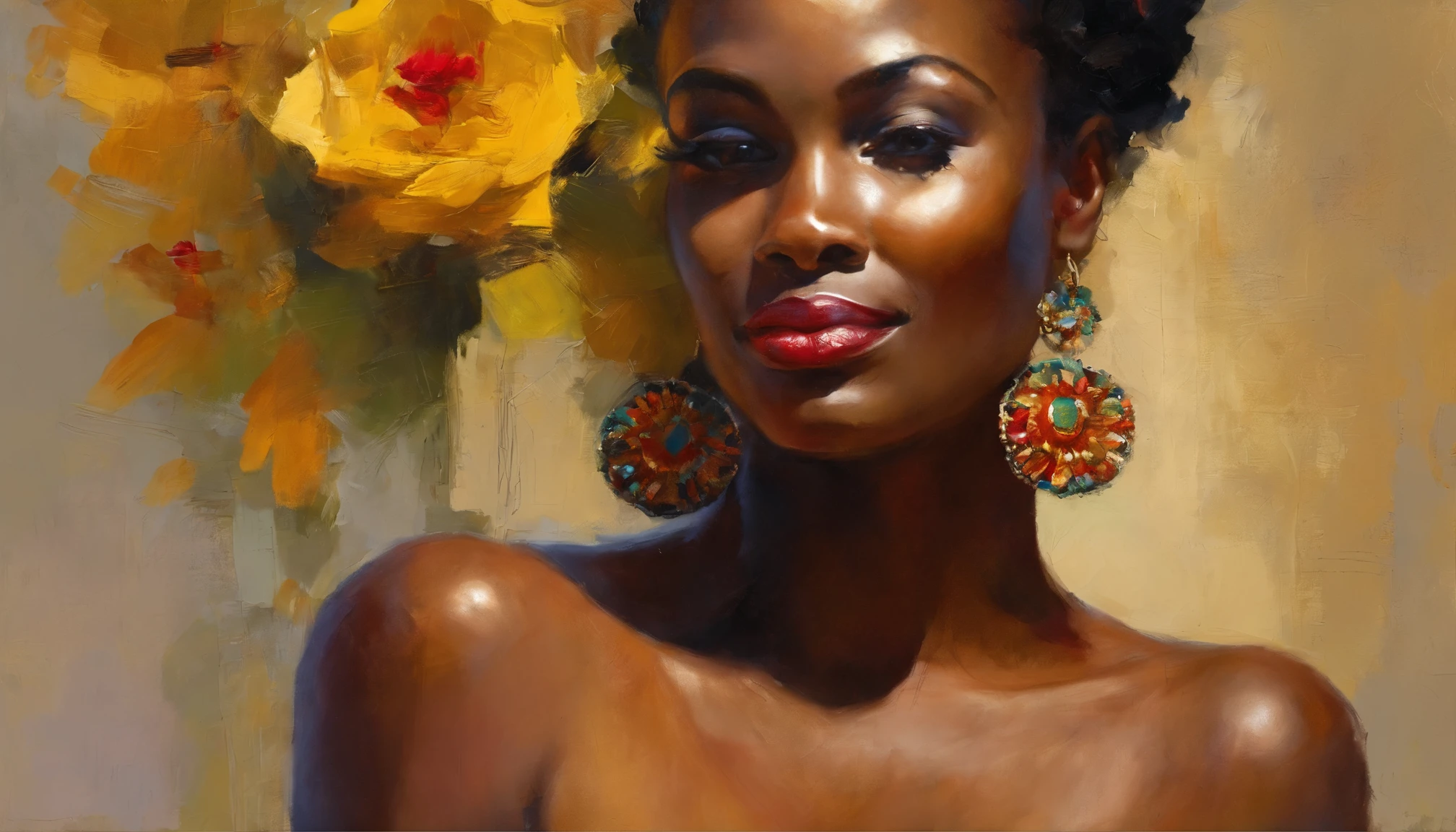 Beautiful woman holding a red rose flower and wearing yellow dress, gold jewelry, (((big boobs))), (((cleavage))), vestido ornamentado vermelho,  mulhee negra africana, mulher vermelha bonita, usando um vestido africano, beleza estonteante, mulher deslumbrante, Tema vermelho cabelo ondulado, mulher africana