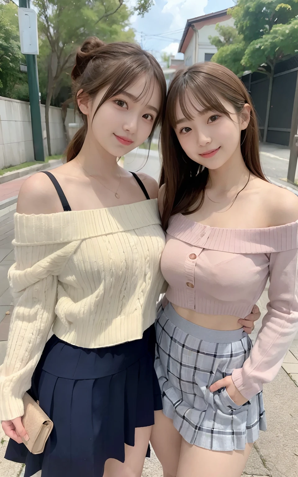 (2 girls of the same age:1.2) , couple focus, Adorable, 17 age, Upper body, japanaese girl, Stand next to each other , Off-the-shoulder summer sweater , Skirt, (Smile), hair scrunchie, (High color saturation:1), Best Quality, 超A high resolution, photographrealistic, ultra-detailliert, 8K, Raw photo, (Breast),(skirt rift:1.0)