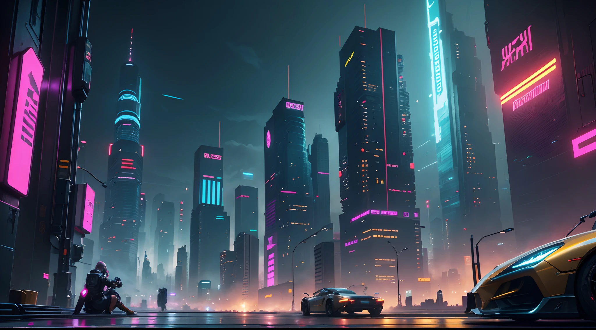 A city with neon lights and cars on a street at night - SeaArt AI