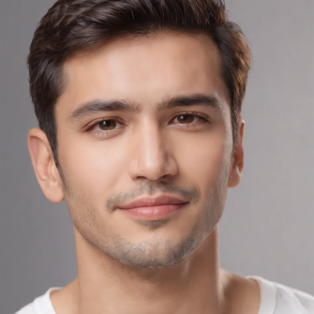 (photo: 1.3) af (realism: 1.3), (Hispanic), Latino man profile, (frontal close-up), soft light, clear face, happy, cheerful, warm light, white T-shirt, (off-white background), (grey background), ((gray wall background)) avatar, (short hair), smile, handsome, young,, short hair, smile, (close-up)
