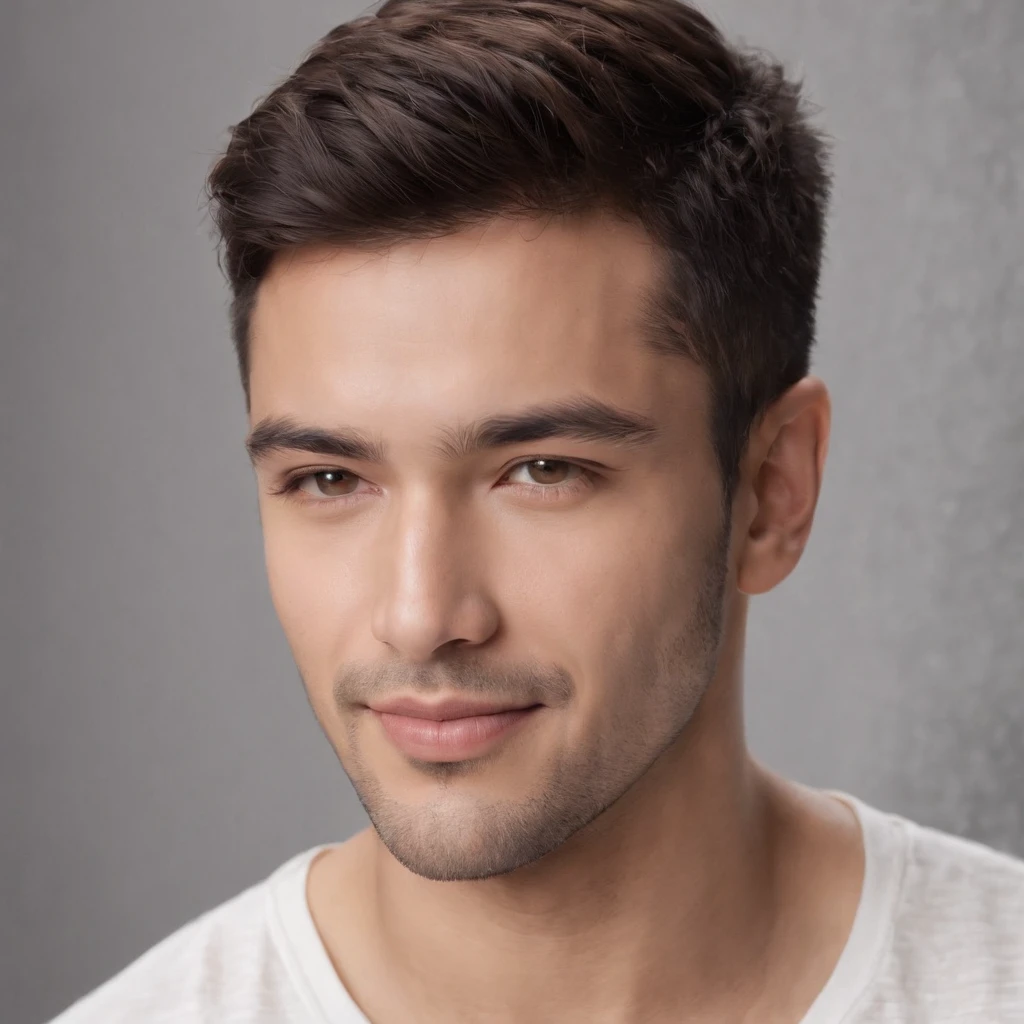 (photo: 1.3) af (realism: 1.3), (Hispanic), Latino man profile, (frontal close-up), soft light, clear face, happy, cheerful, warm light, white T-shirt, (off-white background), (grey background), ((gray wall background)) avatar, (short hair), smile, handsome, young,, short hair, smile, (close-up)