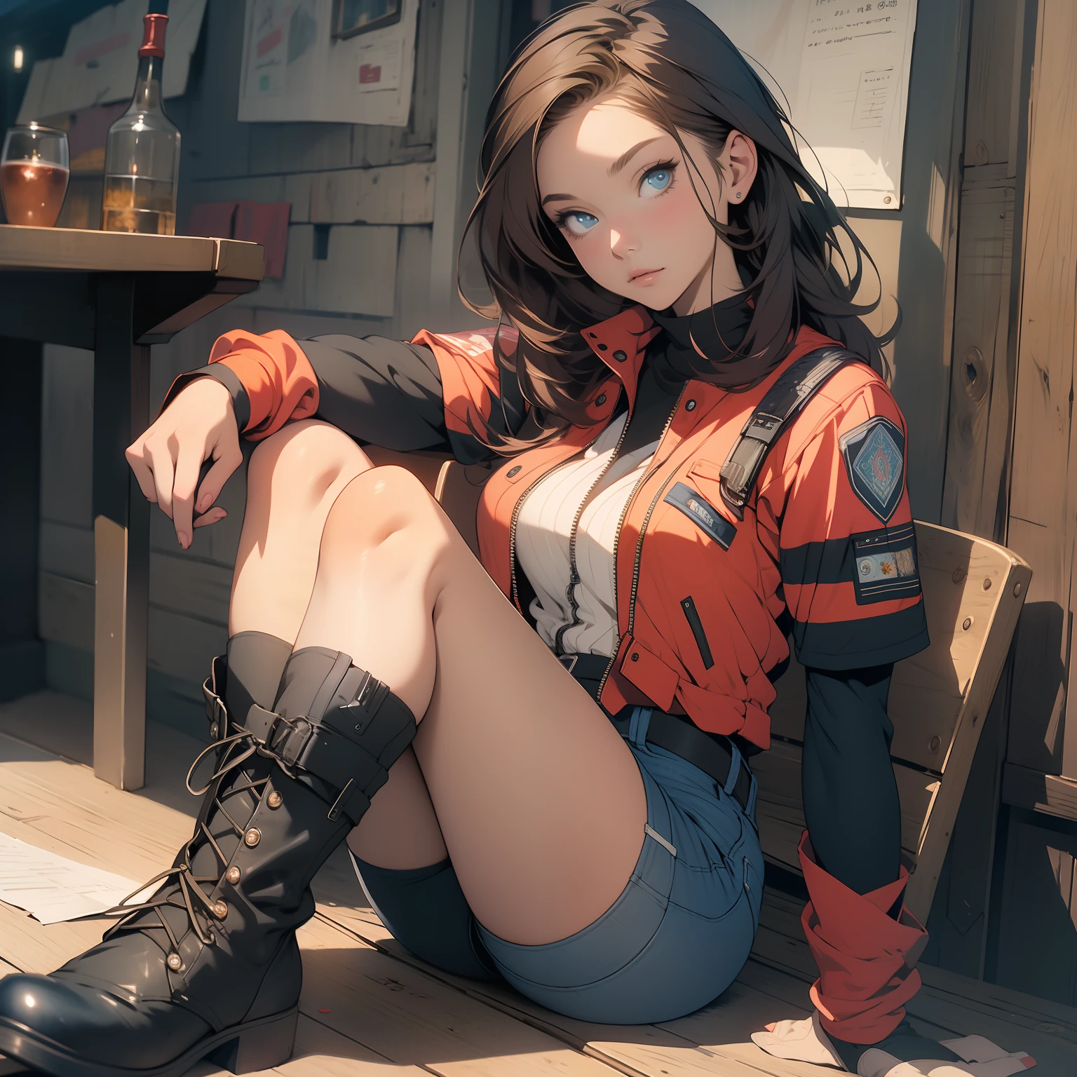 masterpiece, best quality, 1girl,detailed face,extremely detailed CG, wallpaper,beautiful face,
  claireredfieldclassic, re2costume, fingerless gloves, boots, bike shorts, denim shorts, sitting at a table, blue eyes