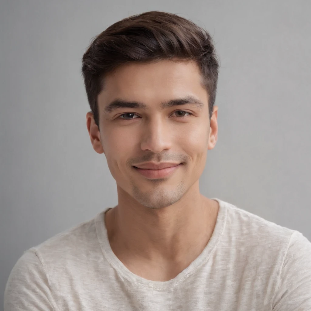 (photo: 1.3) af (realism: 1.3), (Hispanic), Latino man profile, (frontal close-up), soft light, clear face, happy, cheerful, warm light, white T-shirt, (off-white background), (blank background), ((gray wall background)) avatar, (short hair), smile, handsome, young,, short hair, smile, (close-up)