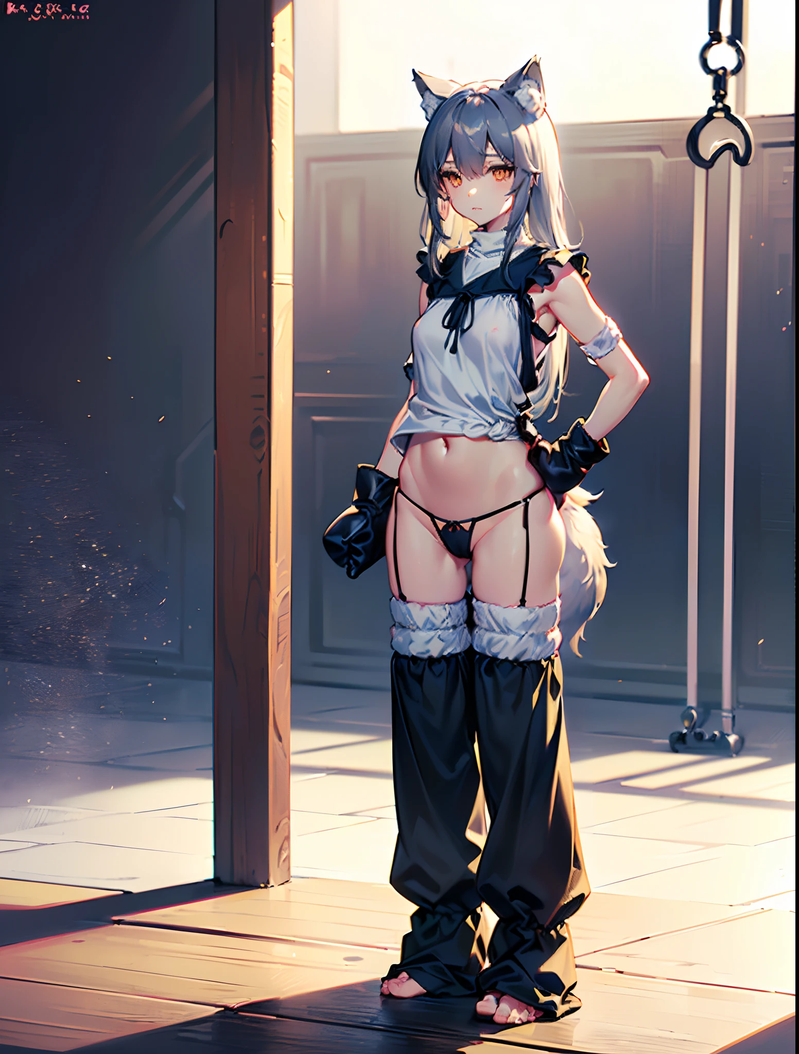 ((wolf girl)), ((full body)), ((Standing pose)), ((((((very baggy and long cotton leg warmers)))))), ((bare feet)), (((blouse))), ((tiny thong)), (((martial fighting gloves))), ((fully detailed))