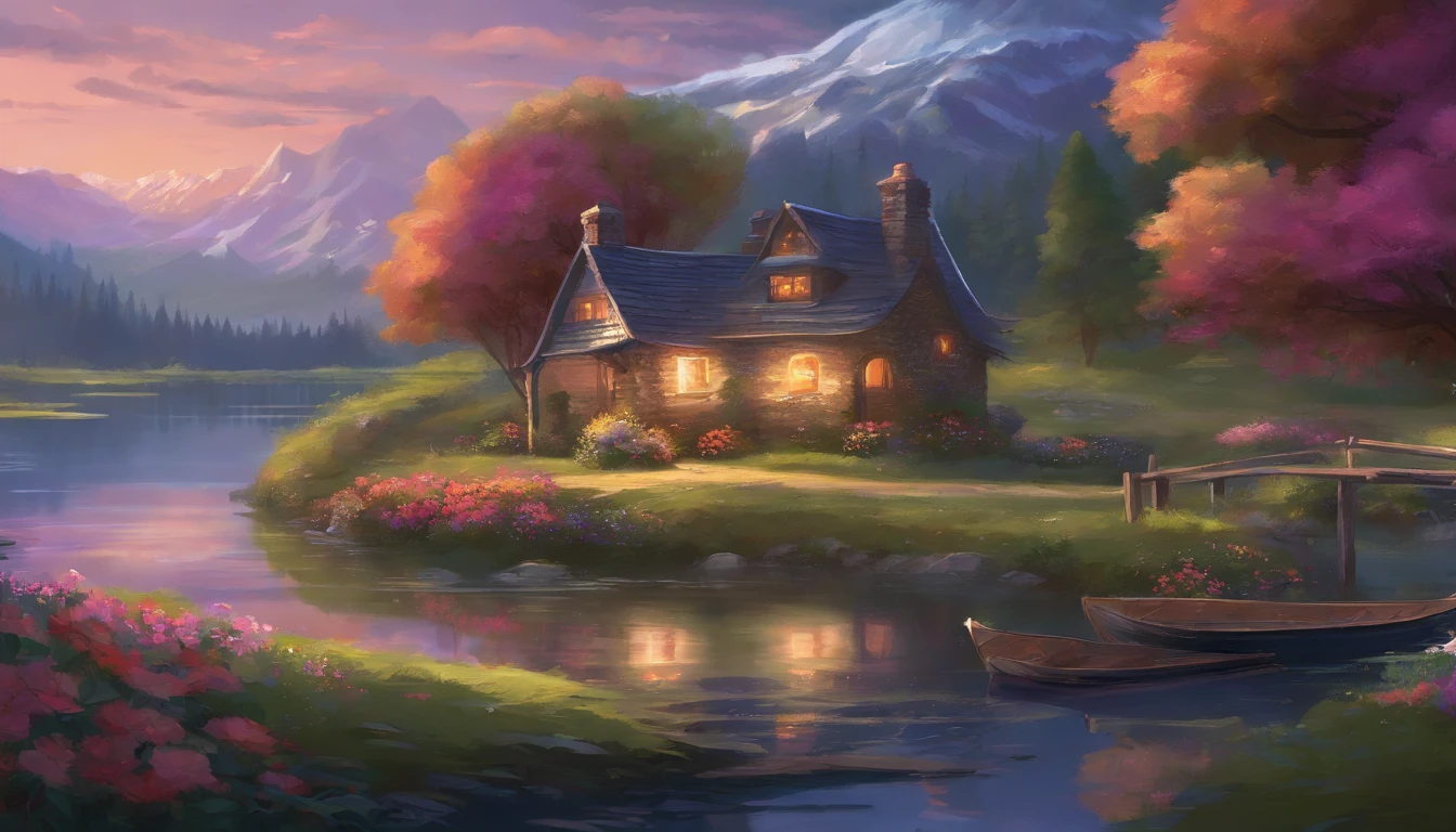 painting of a cottage, flowers beside of fence, fence along the road, mountain landscape with a lake and a boat , stary night scene, illustration matte painting, inspired by Thomas Kinkade, symmetric matte painting, detailed scenery , style raw, 8 k ultra detailed