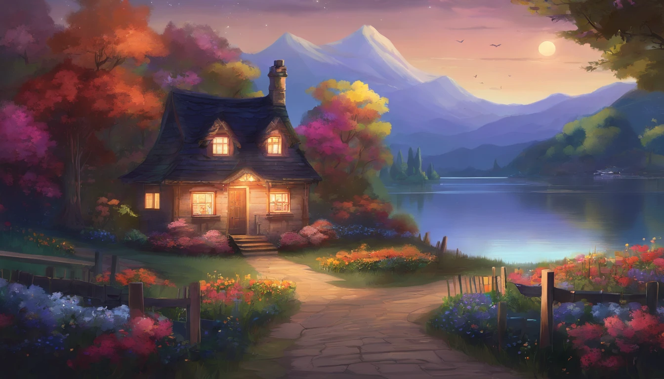 painting of a cottage, flowers beside of fence, fence along the road, mountain landscape with a lake and a boat , stary night scene, illustration matte painting, inspired by Thomas Kinkade, symmetric matte painting, detailed scenery , style raw, 8 k ultra detailed
