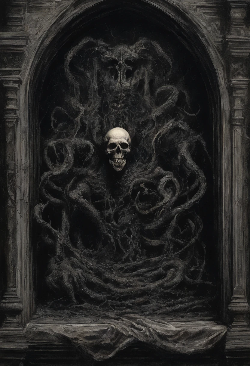 An oil painting of true evil, No estilo de trompe – L'oeil Illusionistic Detail, blink – and – you – lose – detail, Wiccano, litografia, dark and macabre gothic, romantic gothic, dark and ornate gothic