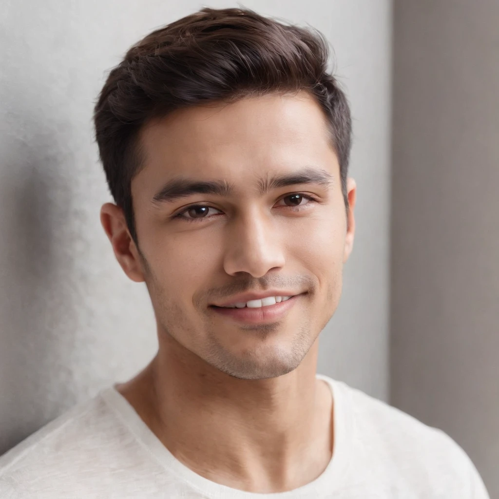 (photo: 1.3) af (realism: 1.3), (Hispanic), Latino man profile, (frontal close-up), soft light, clear face, happy, cheerful, warm light, white T-shirt, (off-white background), (blank background), ((gray wall background)) avatar, (short hair), smile, handsome, young,, short hair, smile, (close-up)