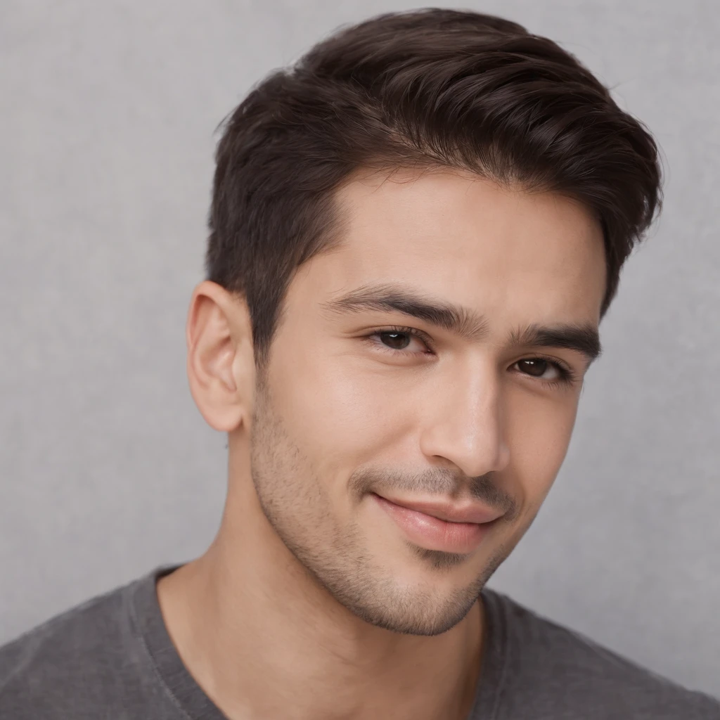 (photo: 1.3) af (realism: 1.3), (Hispanic), Latino man profile, (frontal close-up), soft light, clear face, happy, cheerful, warm light, white T-shirt, (off-white background), (blank background), ((gray wall background)) avatar, (short hair), smile, handsome, young,, short hair, smile, (close-up)