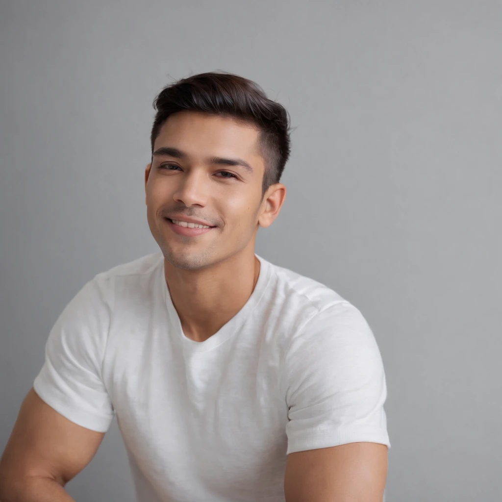 (photo: 1.3) af (realism: 1.3), (Hispanic), Latino man profile, (frontal close-up), soft light, clear face, happy, cheerful, warm light, white T-shirt, (off-white background), (blank background), ((gray wall background)) avatar, (short hair), smile, handsome, young,, short hair, smile, (close-up)