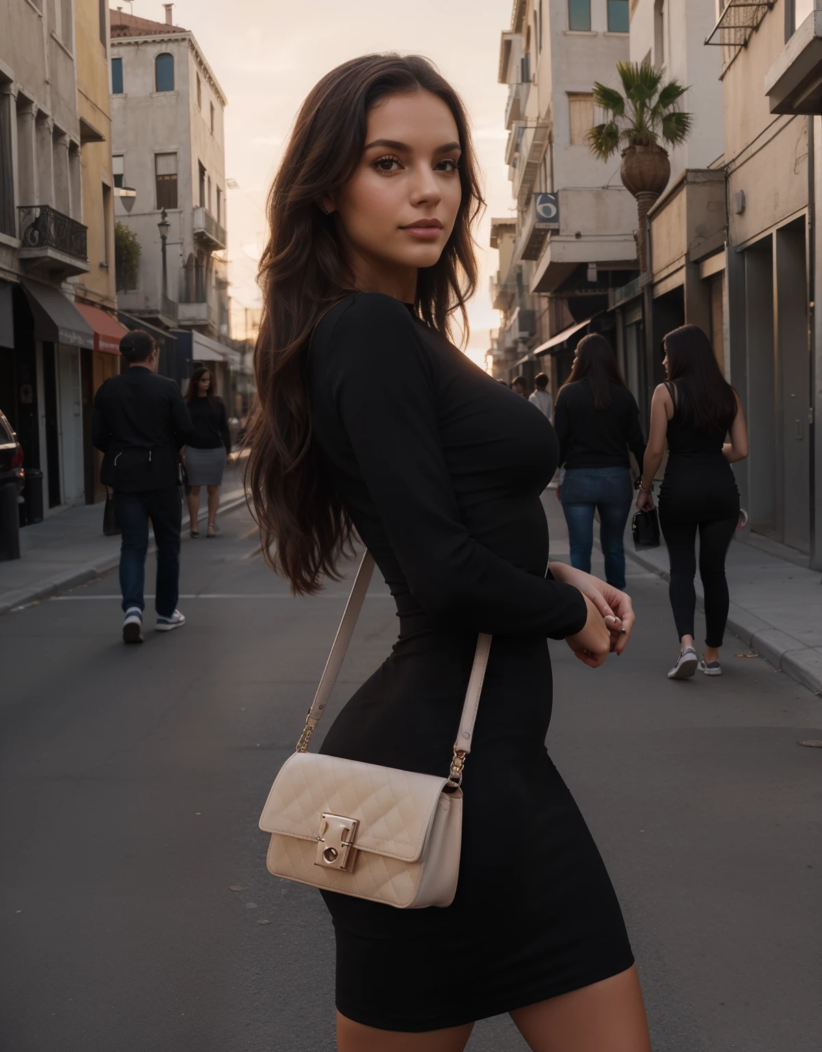 hyper realistic photograph, cute girl, 30 years old, brunette long hair, black long tight dress, 64k, masterpiece, sharp photo, looking at the viewer, dark brown hair, holding a Dior bag, wearing tight shirt, Venice beach street behind her, Los Angeles behind, dark brown long hair, perfect body, model looking, realistic photo of a girl, wearing long tight black tight dress, dark outside, right after sunset, keeping hands behind her,