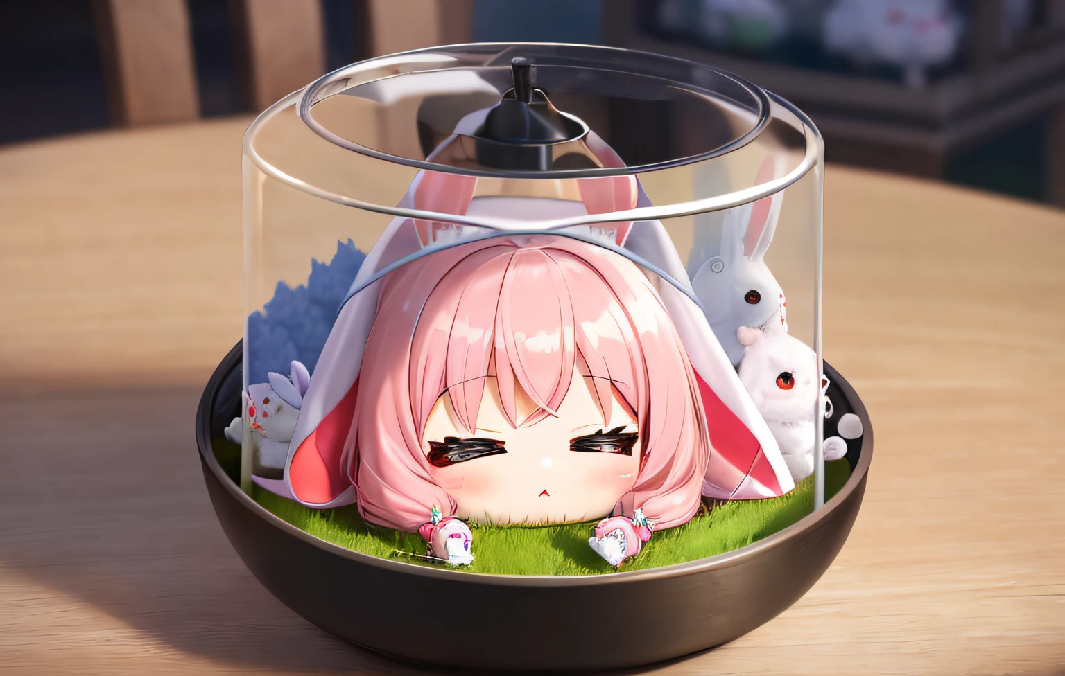 Florist clerk、Pop Mart Blind Box IP、Close up of cute white robe doll、Young One Angel Style、Wear longer, Dress fluently、Lop style、Poseline doll、Little people々々々々々々々々々々々々々々。unreal enginee 5、Light 3D/C4D production: 8K HD quality/illuminating/Ultra-fine lens description 1.5、flawless、Chibi Background/Cinematic。Tuna bowl、macadamia、(((7Rabbits get along well)))