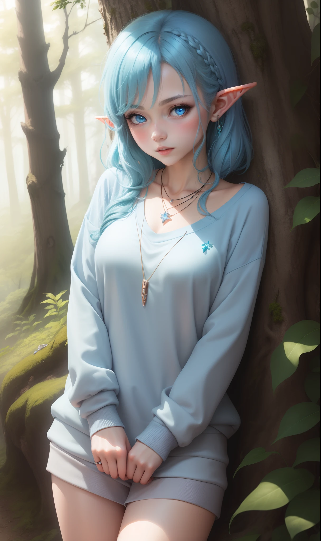 Elf girl, blue hair, blushing, blue eyes, white sweatshirt, crystal necklace, forest, anime