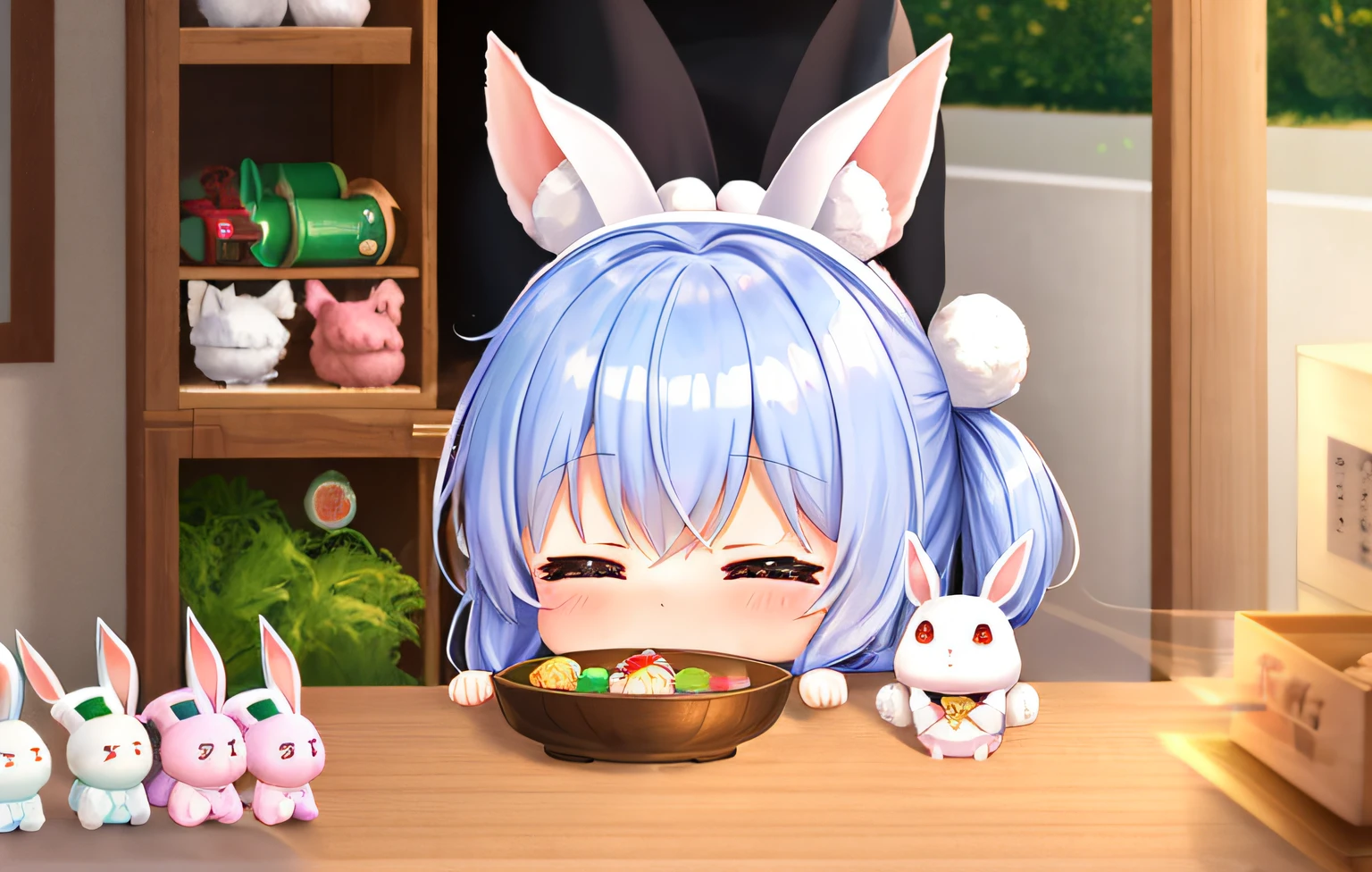 Florist clerk、Pop Mart Blind Box IP、Close up of cute white robe doll、Young One Angel Style、Wear longer, Dress fluently、Lop style、Poseline doll、Little people々々々々々々々々々々々々々々。unreal enginee 5、Light 3D/C4D production: 8K HD quality/illuminating/Ultra-fine lens description 1.5、flawless、Chibi Background/Cinematic。Tuna bowl、macadamia、(((7Rabbits get along well)))