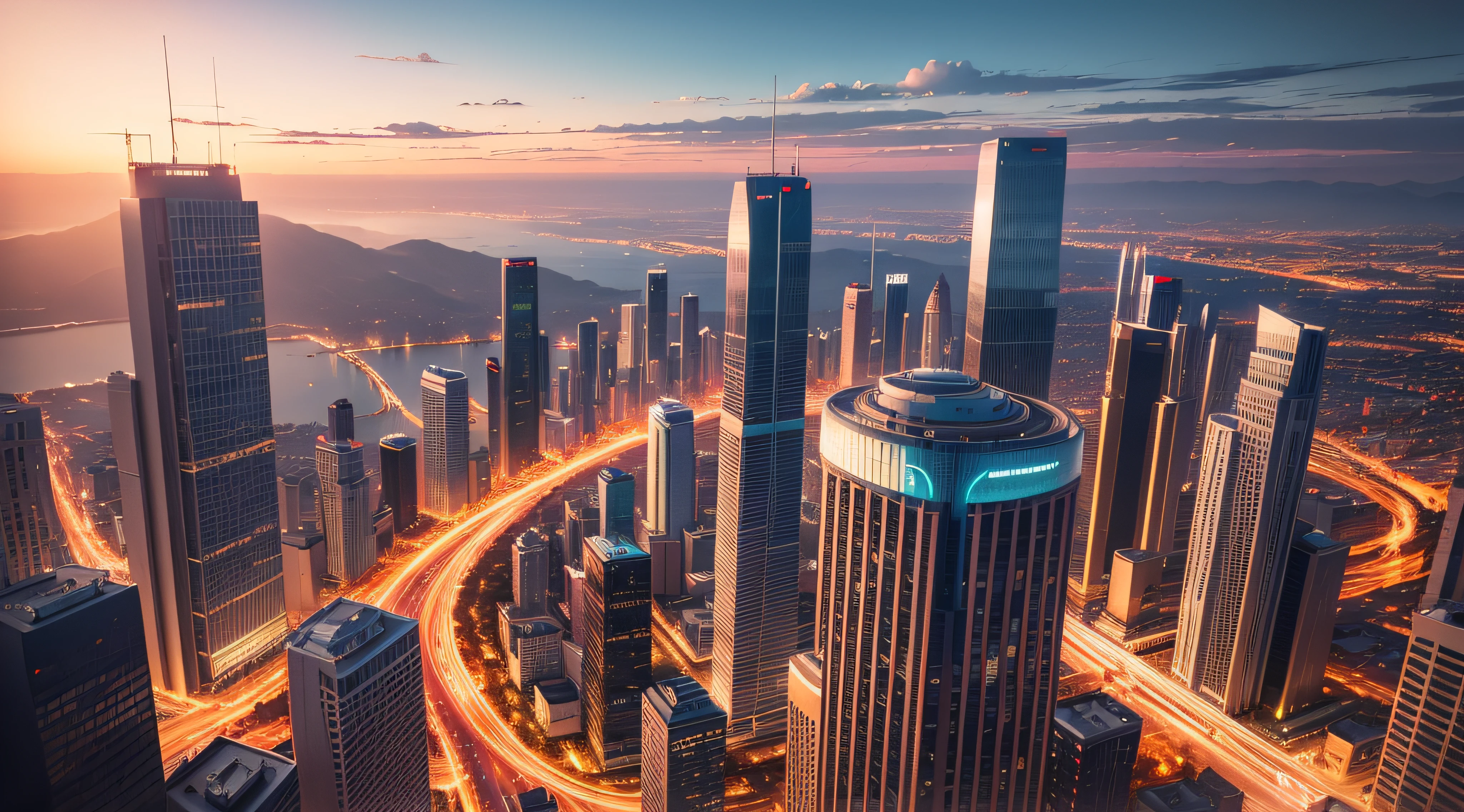 Best quality, Masterpiece, A high resolution, panoramic view of a city, Bird's eye view, Movie moments, Tyndall effect, 8K UHD, Digital SLR, Soft lighting, High quality, photographed, high resolution, 4K, 8K, Realiy,