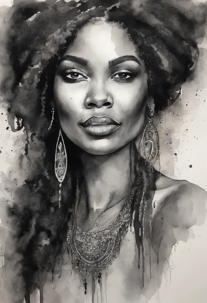 1 mulher negra cabelo preto Desenho tatuagem realismo preto cinza