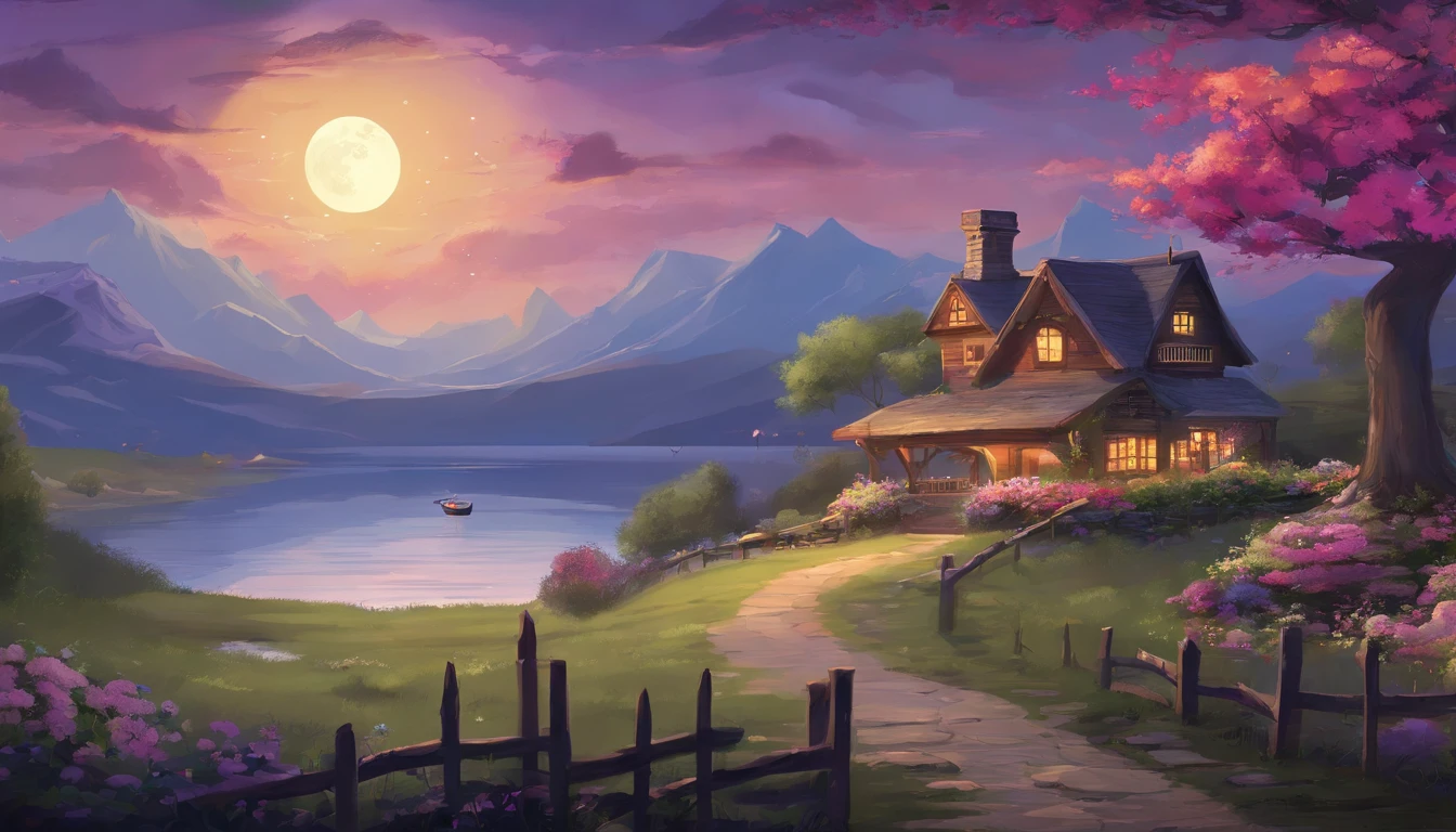 painting of a cottage, flowers beside of fence, fence along the road, mountain landscape with a lake and a boat, full moon , stary night scene, illustration matte painting, inspired by Thomas Kinkade, symmetric matte painting, detailed scenery , style raw, 8 k ultra detailed