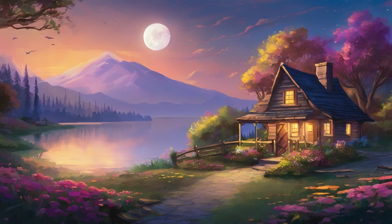 painting of a cottage, flowers beside of fence, fence along the road, mountain landscape with a lake and a boat, full moon , stary night scene, illustration matte painting, inspired by Thomas Kinkade, symmetric matte painting, detailed scenery , style raw, 8 k ultra detailed