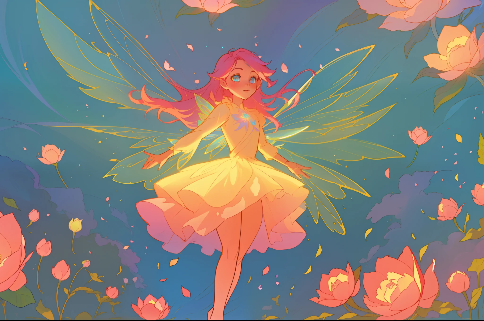 beautiful girl in flowing layered puff long sleeve ballgown, flower fairy in a dress made of flower petals, flowers and colorful plants, inspired by Glen Keane, inspired by Lois van Baarle, disney art style, by Lois van Baarle, glowing aura around her, by Glen Keane, jen bartel, glowing lights! digital painting, flowing glowing hair, glowing flowing hair, beautiful digital illustration, fantasia otherworldly landscape plants flowers, beautiful, masterpiece, best quality, anime disney style, (sharp focus), intricate detail, fine detail, perfection, golden ratio, (fairy wings)