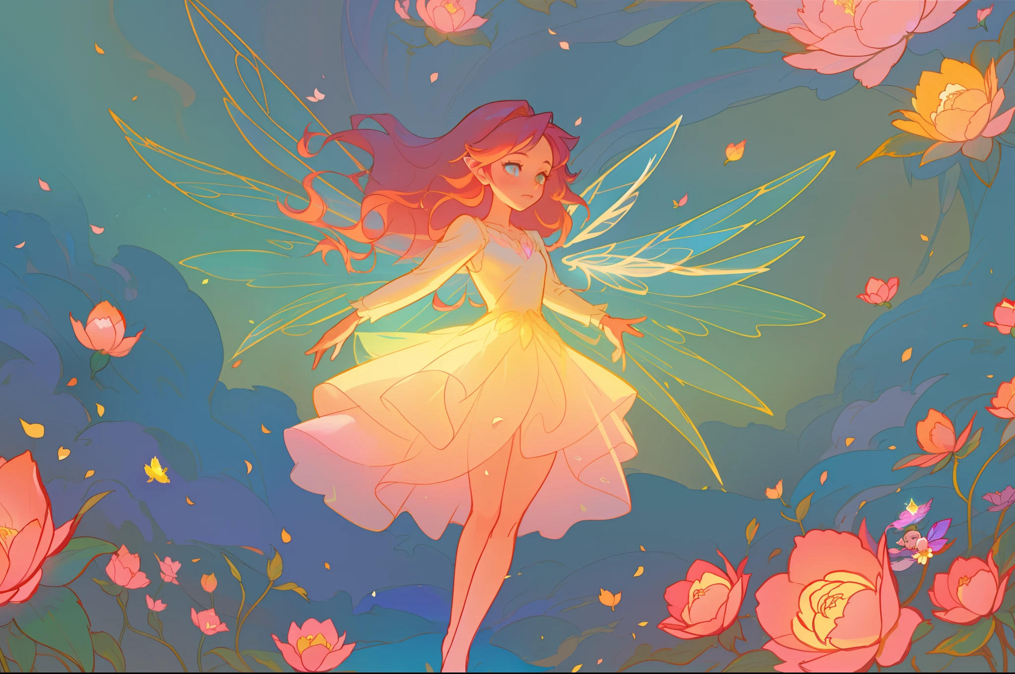 beautiful girl in flowing layered puff long sleeve ballgown, flower fairy in a dress made of flower petals, flowers and colorful plants, inspired by Glen Keane, inspired by Lois van Baarle, disney art style, by Lois van Baarle, glowing aura around her, by Glen Keane, jen bartel, glowing lights! digital painting, flowing glowing hair, glowing flowing hair, beautiful digital illustration, fantasia otherworldly landscape plants flowers, beautiful, masterpiece, best quality, anime disney style, (sharp focus), intricate detail, fine detail, perfection, golden ratio, (fairy wings)