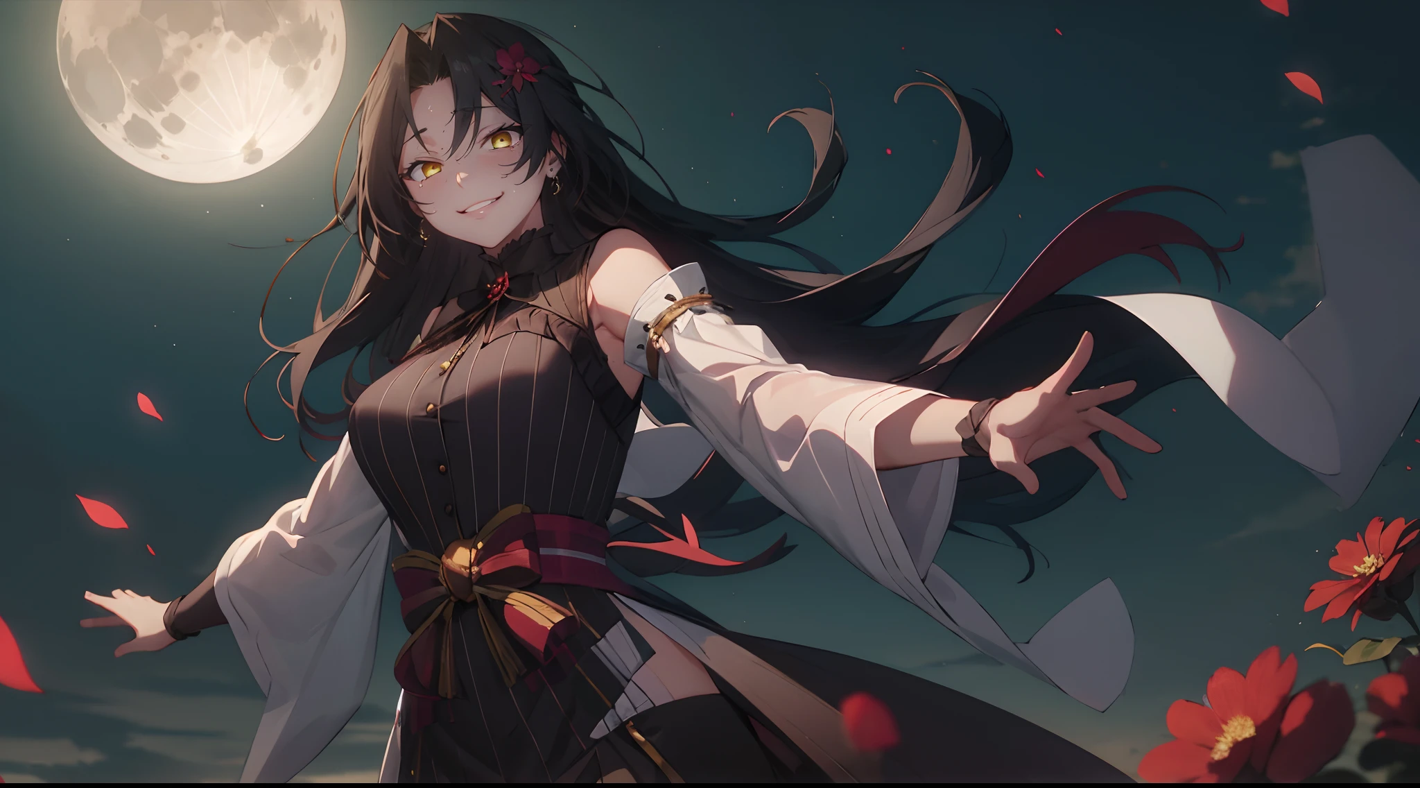 moon, full_moon, 1girl, long_hair, night, black_hair, wide_sleeves, petals, yellow_eyes, breasts, solo, smile, looking_at_viewer, night_sky, bangs, long_sleeves, flower, black_dress, dress, mole, sky, hair_ornament, earrings, floating_hair, jewelry, grin, outstretched_arms, water, parted_lips, very_long_hair, medium_breasts, standing, mole_under_eye, ribbon, outdoors, japanese_clothes, hair_ribbon, red_ribbon, outstretched_arm, outstretched_hand, makeup, tassel