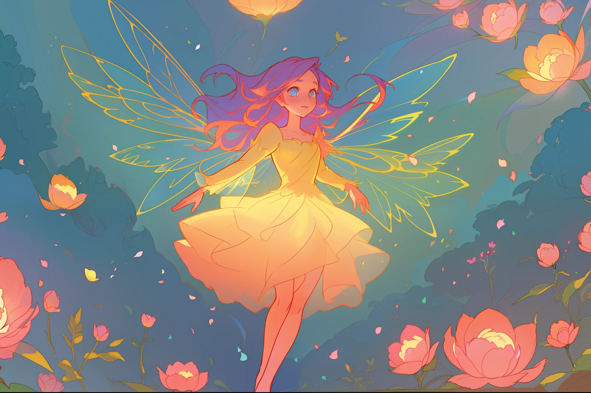 beautiful fairy girl in a sparkling layered dress, long flowing pink peach red hair, (large sparkling colorful fairy wings on her back), colorful fantasia background, flowers meadow, watercolor illustration, disney art style, glowing aura around her, glowing lights, beautiful digital illustration, fantasia otherworldly landscape plants flowers, beautiful, masterpiece, best quality, anime disney style, beautiful face, golden ratio