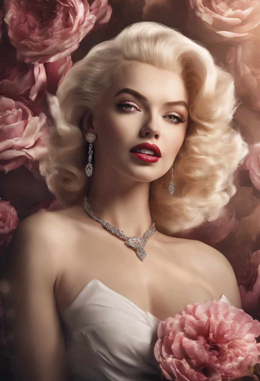 a close up of a Marilyn Monroe with a necklace , hands over the head, flowers in hair, low key photo, rim light, side light, dramatic lighting, cinematic lighting, totally naked, showing medium breast, detailed charming face, detailed every things, modeling photography, glamour photography,20 yo girl, modeling shoot, 4 k glamour photography, jaw-dropping beauty, gorgeous and beautiful, portrait color glamour, red haired goddess, photo of a beautiful woman, professional model photography, Masterpiece, hyper realistic, detailed face.