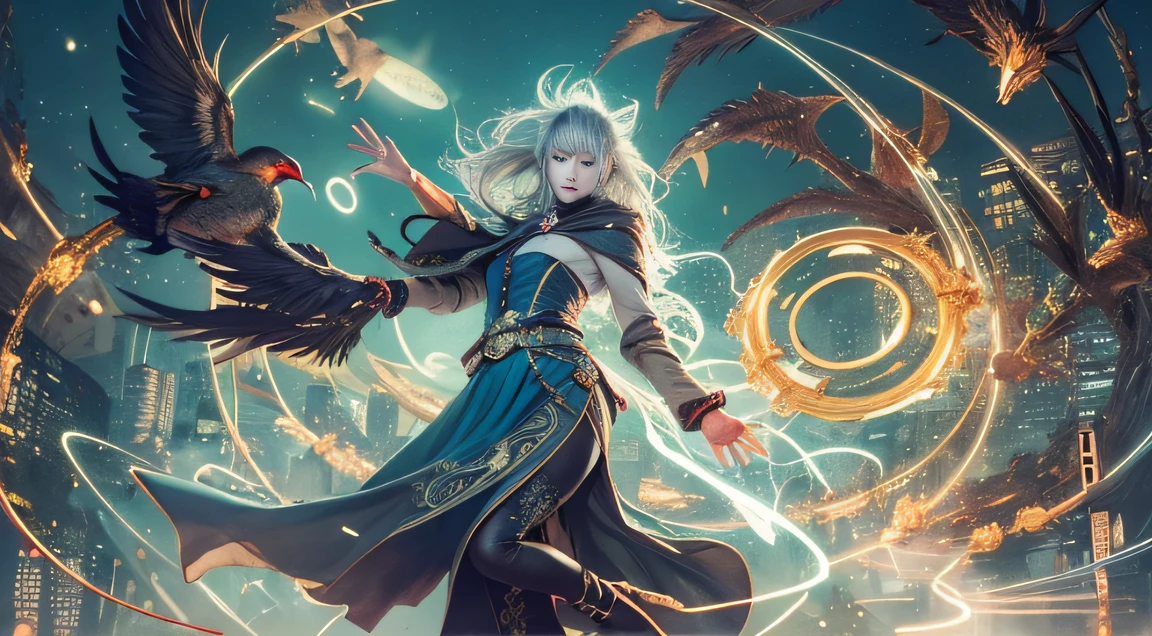 Magic Book,Blood,Night, Dark, (fantasy),unlimited,Deep blue sky,The abyss of knowledge,cowl,((masutepiece)), (((Best quality))),((Beautiful fine eyes)),(eyeslashes)、A beautiful girl riding Suzaku、(1 rapariga)、Black hair、long whitr hair、abyss eyes、glowy skin、oiled、small tits、(Bird body、feater)、Wizard robes、Tattered fabric、Realistic coat、Tinch、the elf、Super delicate CG Unity 32k wallpaper、tmasterpiece, ((ultra - detailed)), ((illustratio)),extremely colorful,the wallpaper,energy,Unknown terror,mind bending,Around the magic,Magical environment,wands,Boken,Flight page,Know it all,Predicting the Future、Learn about the past、Infinite wisdom、blue flame、Warlock、Magic Circles、pentacle、Spells、mantra、Singing magic