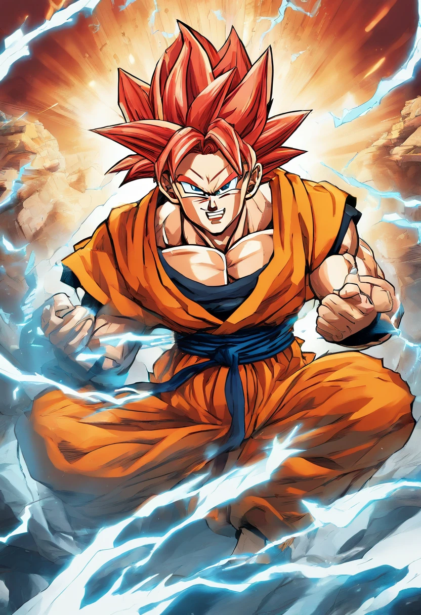 Gogeta Super Saiyan, red hair, Transformation Arms Crossed, battlefield, 8k uhd, gold