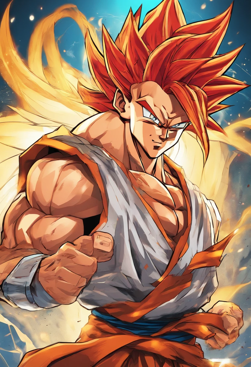 Gogeta Super Saiyan, red hair, Transformation Arms Crossed, battlefield, 8k uhd, gold