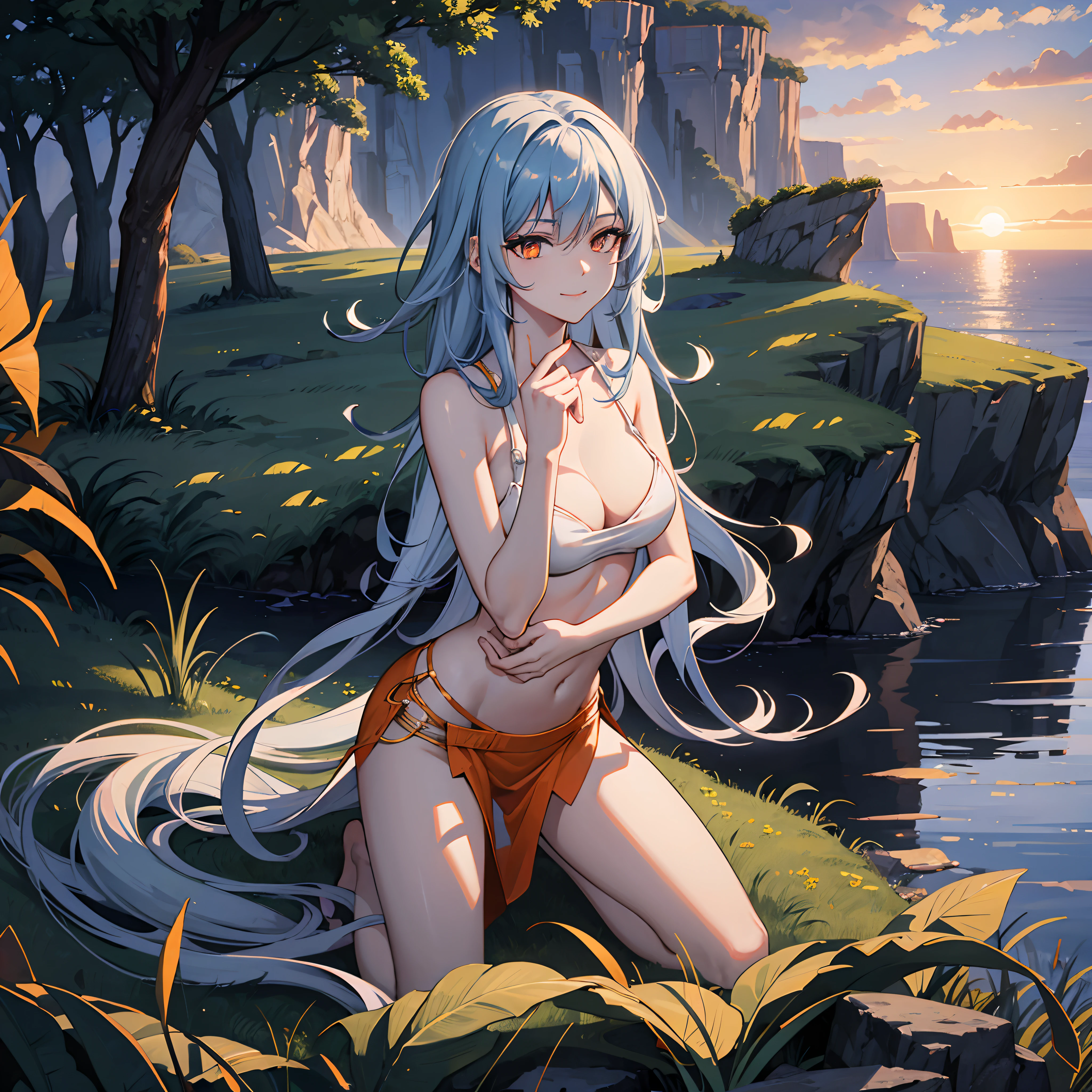 Kneeling, Dark blue hair, Cowboy shot, skinny, Full body shot, y, 1girl, pale skin, looking at viewer, medium breraying, long hair, hair over forehead [blue hair|glowing hair:1.1], half-closed eyes, orange eyes, [glowing eyes|vivid eyes], smile, closed mouth, white pries clothing, grass, cliff, scenery, sea, sunset, cloudy sky,