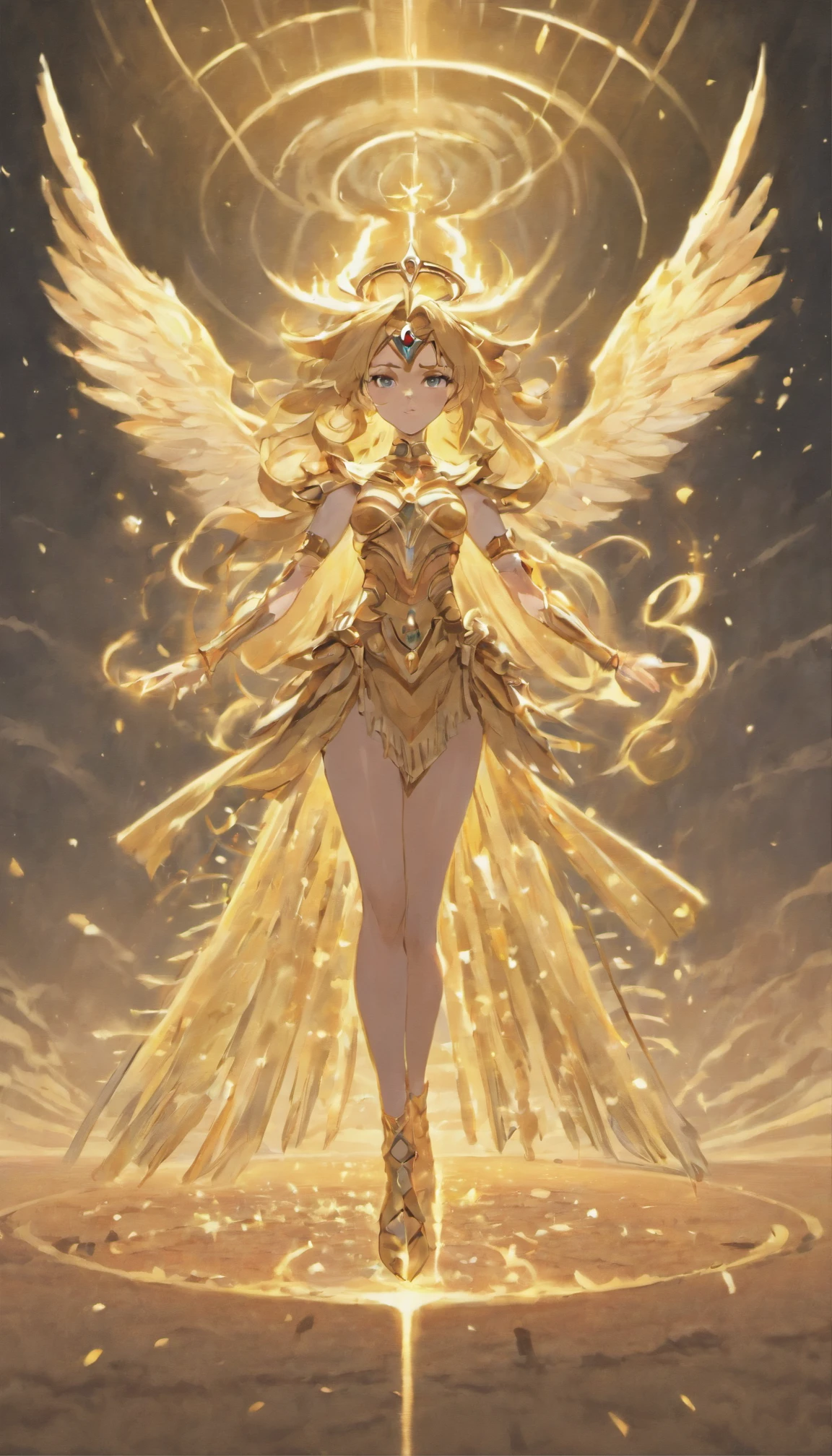 golden angel, golden feathers, blonde, gold costume, golden palace, golden light, kemono ears, middle chest, smile, blush,(Perfect body:1.1)(Short wavy hair:1.2)Full body shot,(Very elaborate CG 8K wallpaper),(Very delicate and beautiful)(Masterpiece)(Best Quality):1.0)(Ultra High Definition:1.0),[High Definition], Detailed skins, Ultra detailed (( Colorful)),