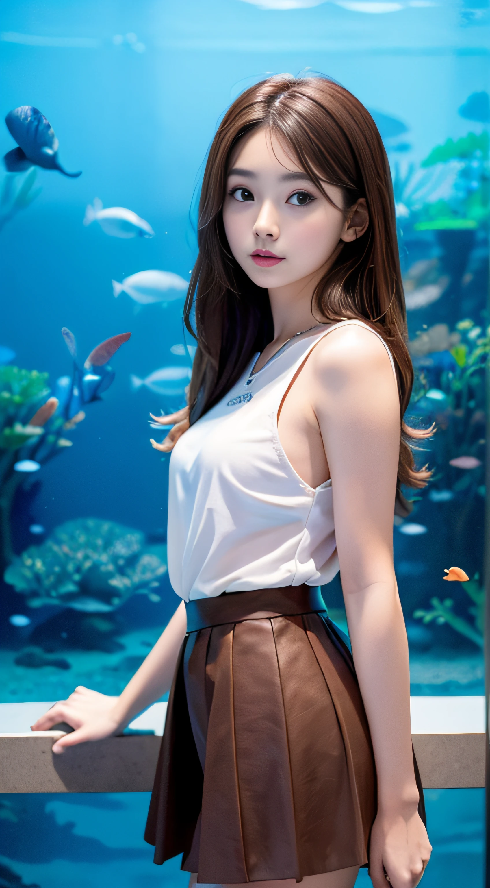 1girl in、Early 20s、(Super beautiful)、(ultra beautiful faces)、Wearing makeup、brown haired、(In front of the aquarium aquarium)、a miniskirt、Shallow depth of field