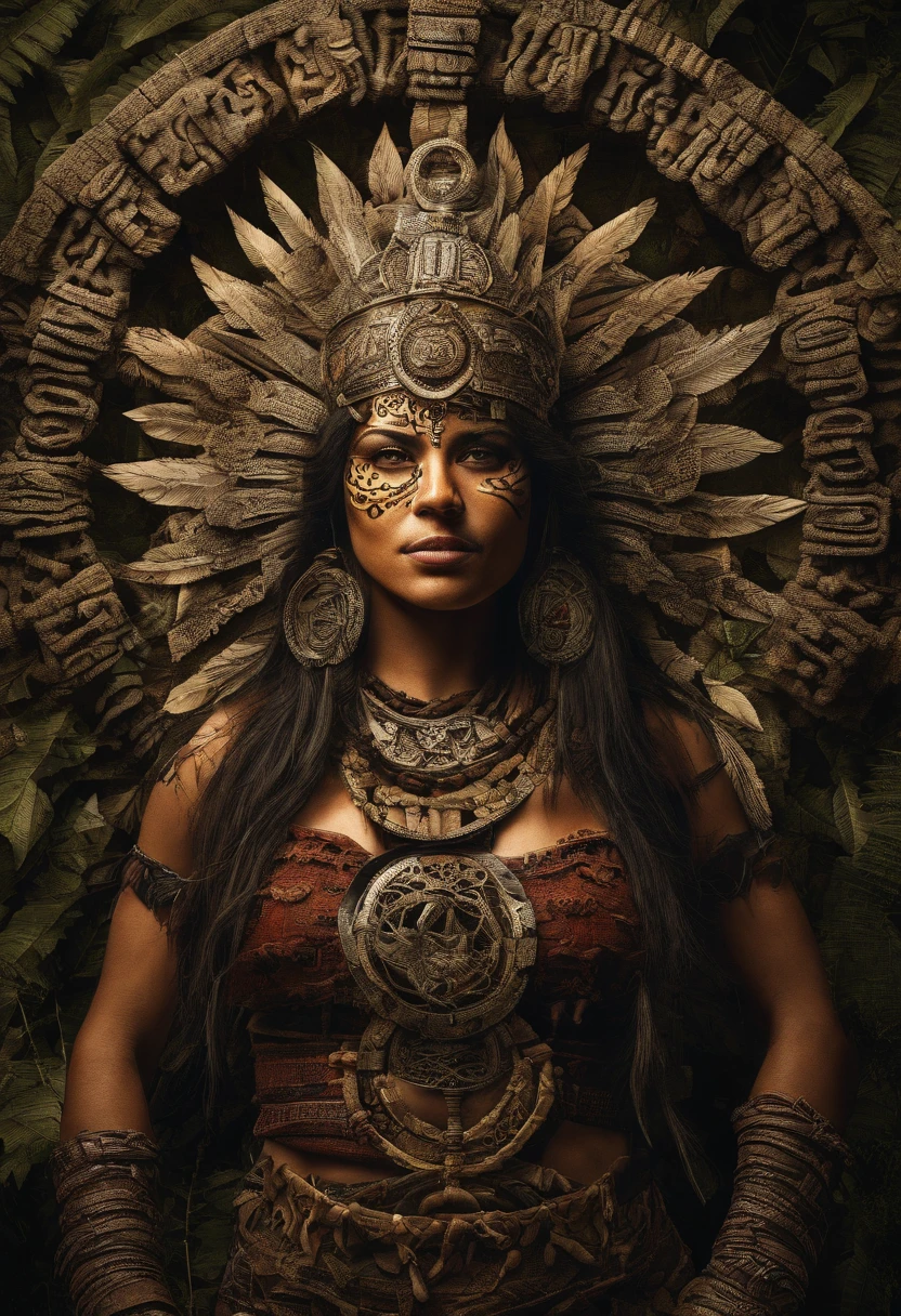 A wide-angle shot from above of an indigenous woman standing in a Mesoamerican pyramid, wearing a headscarf with many feathers like a natural Diadem dissolving with the head, pronto para atacar, detailed tribal composition, atop a pyramid in a dense rainforest, View from above, intense illumination, foco intenso enquanto as folhas rodopiam em torno dela, criatura sobrenatural, no estilo dos filmes de fantasia, fotorrealista, Tiro em Hasselblad h6d-400c, Lente Zeiss Prime, bokeh como f/0.8, lente tilt-shift, female hero pose, Neo-mosaico, Xamanismo neo, Psychedelic, psy-trance Arte, symmetric balance, fantastical machines, alchemical symbols, rostos serenos, lindamente codificado por cores, intricate composition, Aprimorado digitalmente, Vida selvagem detalhada