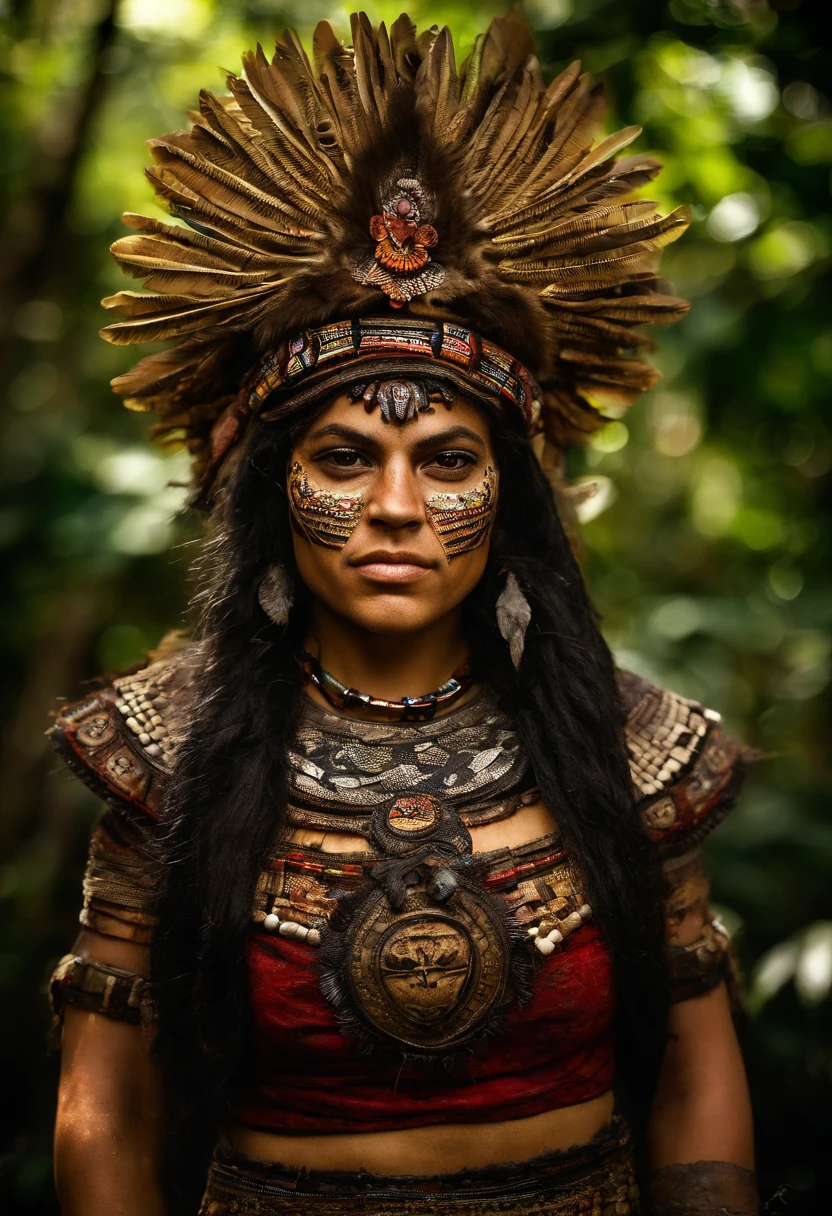 A wide-angle shot from above of an indigenous woman standing in a Mesoamerican pyramid, wearing a headscarf with many feathers like a natural Diadem dissolving with the head, pronto para atacar, detailed tribal composition, atop a pyramid in a dense rainforest, View from above, intense illumination, foco intenso enquanto as folhas rodopiam em torno dela, criatura sobrenatural, no estilo dos filmes de fantasia, fotorrealista, Tiro em Hasselblad h6d-400c, Lente Zeiss Prime, bokeh como f/0.8, lente tilt-shift, female hero pose, Neo-mosaico, Xamanismo neo, Psychedelic, psy-trance Arte, symmetric balance, fantastical machines, alchemical symbols, rostos serenos, lindamente codificado por cores, intricate composition, Aprimorado digitalmente, Vida selvagem detalhada
