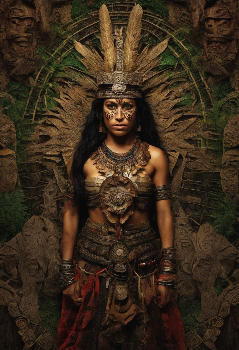 Viking warrior half indigenous Eskimo. Fotografia, hiperrealismo. Tatuagem de mamute no peito