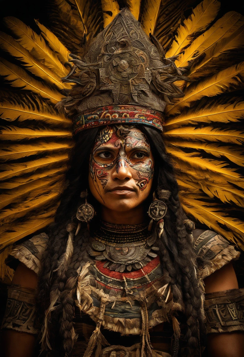 A wide-angle shot from above of an indigenous woman standing in a Mesoamerican pyramid, wearing a headscarf with many feathers like a natural Diadem dissolving with the head, pronto para atacar, detailed tribal composition, atop a pyramid in a dense rainforest, View from above, intense illumination, foco intenso enquanto as folhas rodopiam em torno dela, criatura sobrenatural, no estilo dos filmes de fantasia, fotorrealista, Tiro em Hasselblad h6d-400c, Lente Zeiss Prime, bokeh como f/0.8, lente tilt-shift, female hero pose, Neo-mosaico, Xamanismo neo, Psychedelic, psy-trance Arte, symmetric balance, fantastical machines, alchemical symbols, rostos serenos, lindamente codificado por cores, intricate composition, Aprimorado digitalmente, Vida selvagem detalhada
