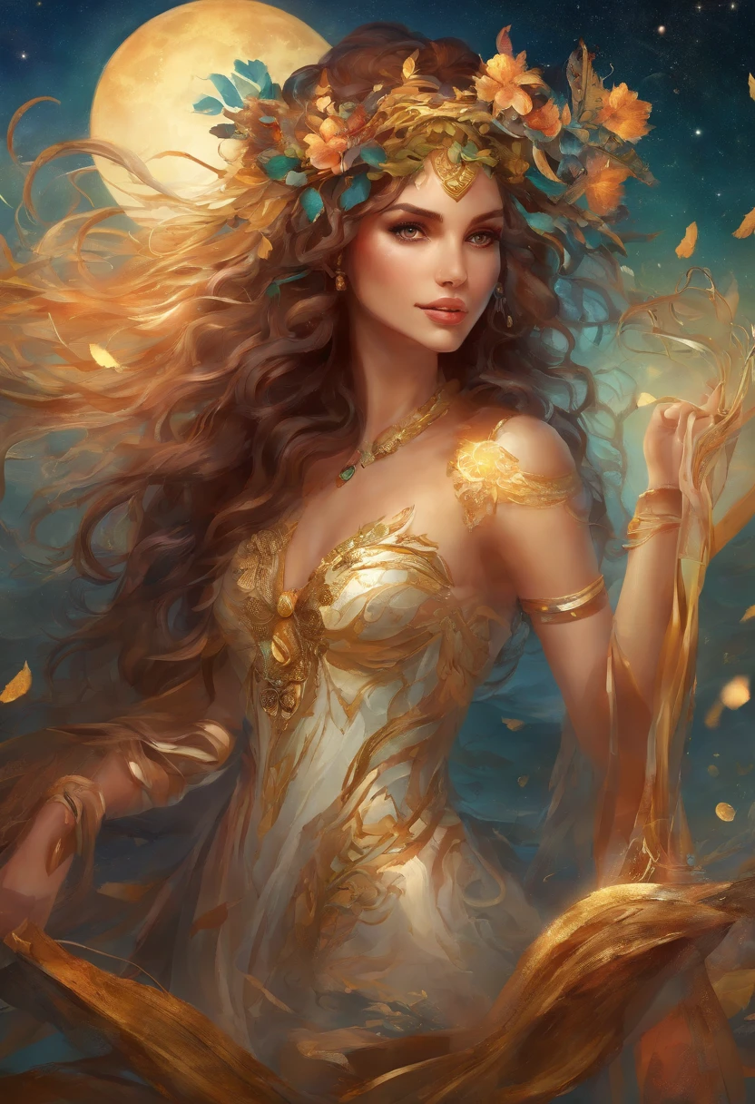 full shot body phot, illustration, cinematic light, fantasy, highest quality, ultra detailed, best quality, masterpiece, (detailed face), tall and sexy mature woman , dress made of gold coins chained together, glowing flowing sand, floating ember crystals, golden hair jewelry, metal reflecting sun light, (focus on body:1.25), clear blue sky, desert and ocean in background, long curly hair, golden eyes, emitting magic energy, dark, light reflection