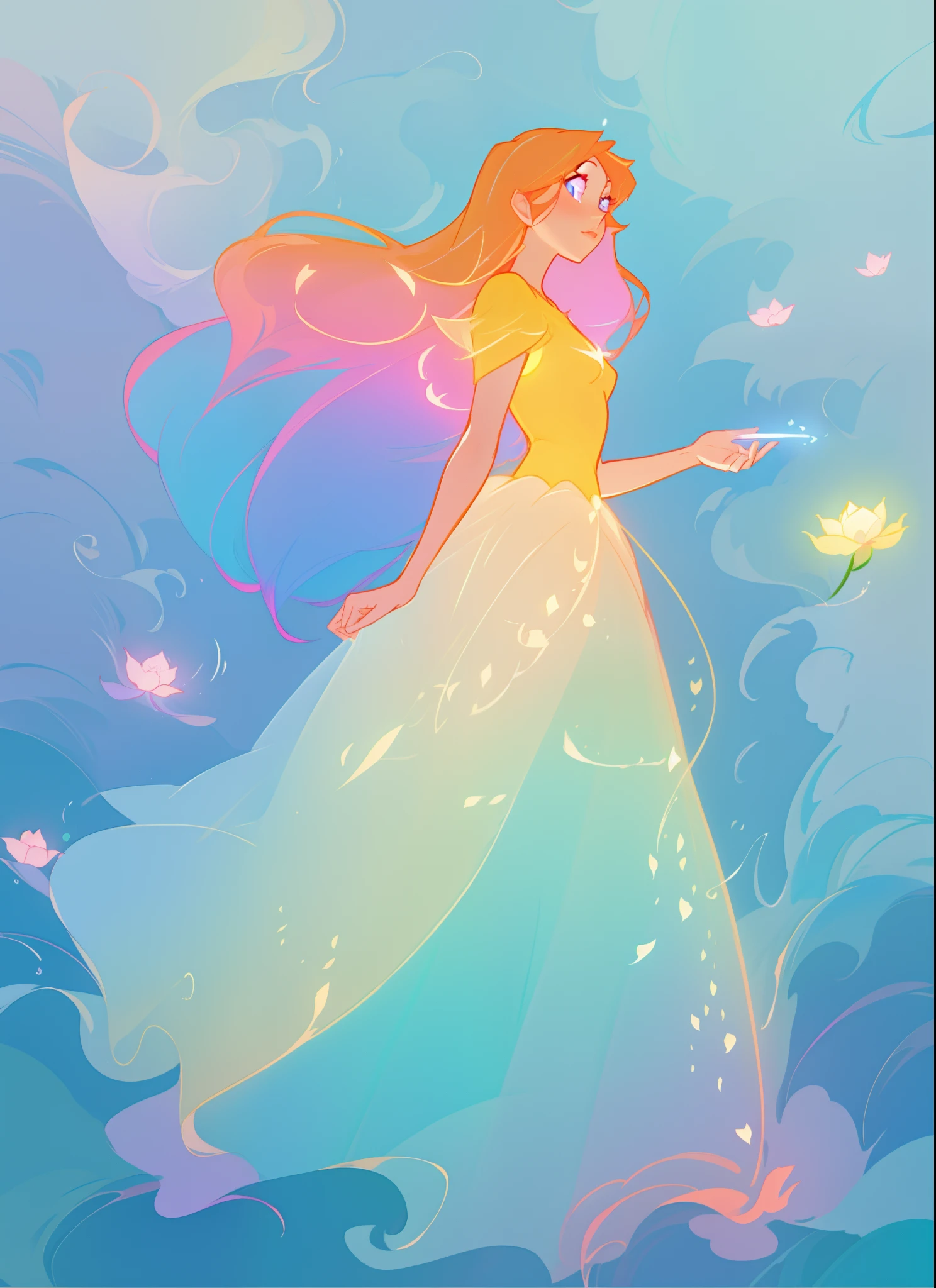 beautiful girl in flowing ballgown, inspired by Glen Keane, inspired by Lois van Baarle, disney art style, by Lois van Baarle, glowing aura around her, by Glen Keane, jen bartel, glowing lights! digital painting, flowing glowing hair, glowing flowing hair, beautiful digital illustration, fantasia otherworldly landscape plants flowers, beautiful, masterpiece, best quality, anime disney style