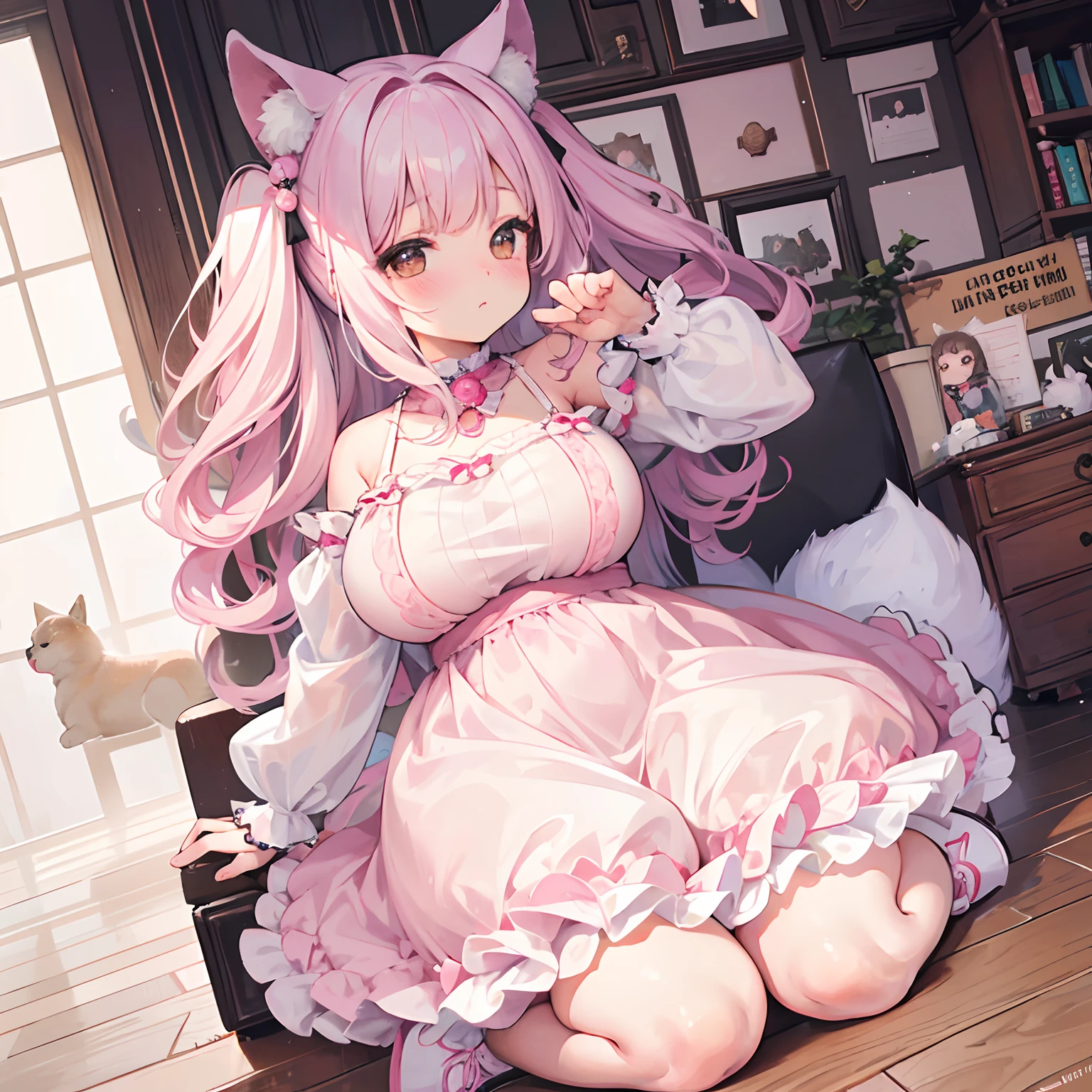 Pudgy age girl, chubby, pudgy girl, chubby girl, pink and white hair, brown eyes, frilly dress, cute dress, sexy dress, big breasts, cute girl, fluffy hair, cute hair, full body, puppy ears, puppy tail, puppy girl
