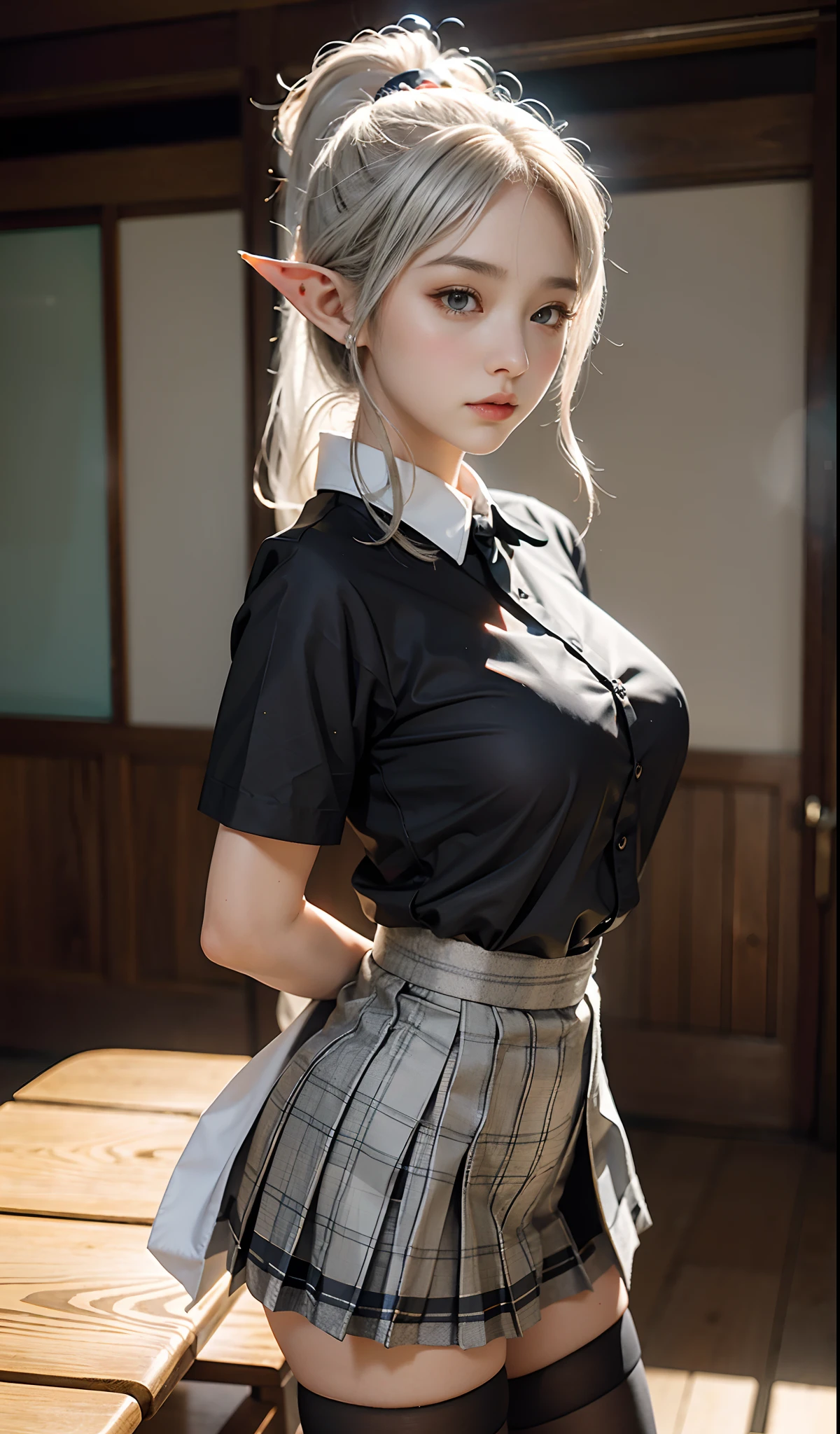 Cute 20 year old woman, blonde hair, French braid, white blouse, long sleeves, button-up, formal collar, pleated black skirt, tight skirt, barefoot, stood up under shower, her blouse is soaking wet, her blouse is see-through, her blouse is untucked blouse is partly unbuttoned and blouse is dishevelled, her skirt is soaking wet, wetlook, shine of water on her clothes, her (hair is wet and dishevelled and clings to her face and shoulders, sexy smile, she holds a bar of soap which she is using to rub soap suds into her blouse and skirt